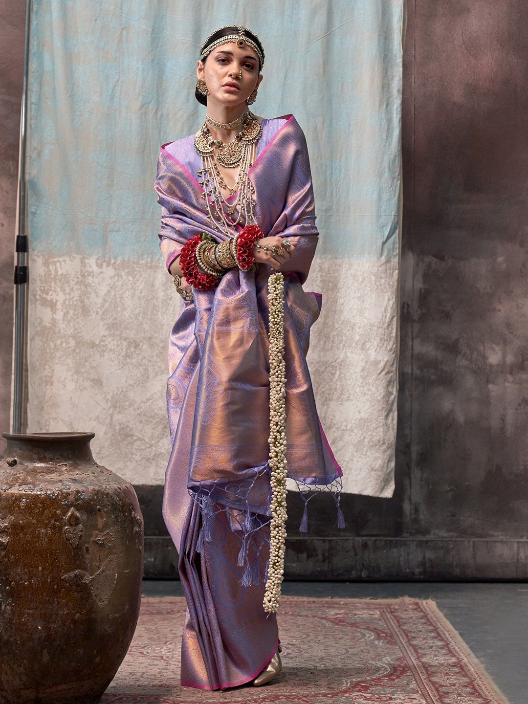 

MAHALASA Woven Design Zari Pure Silk Kanjeevaram Saree, Lavender