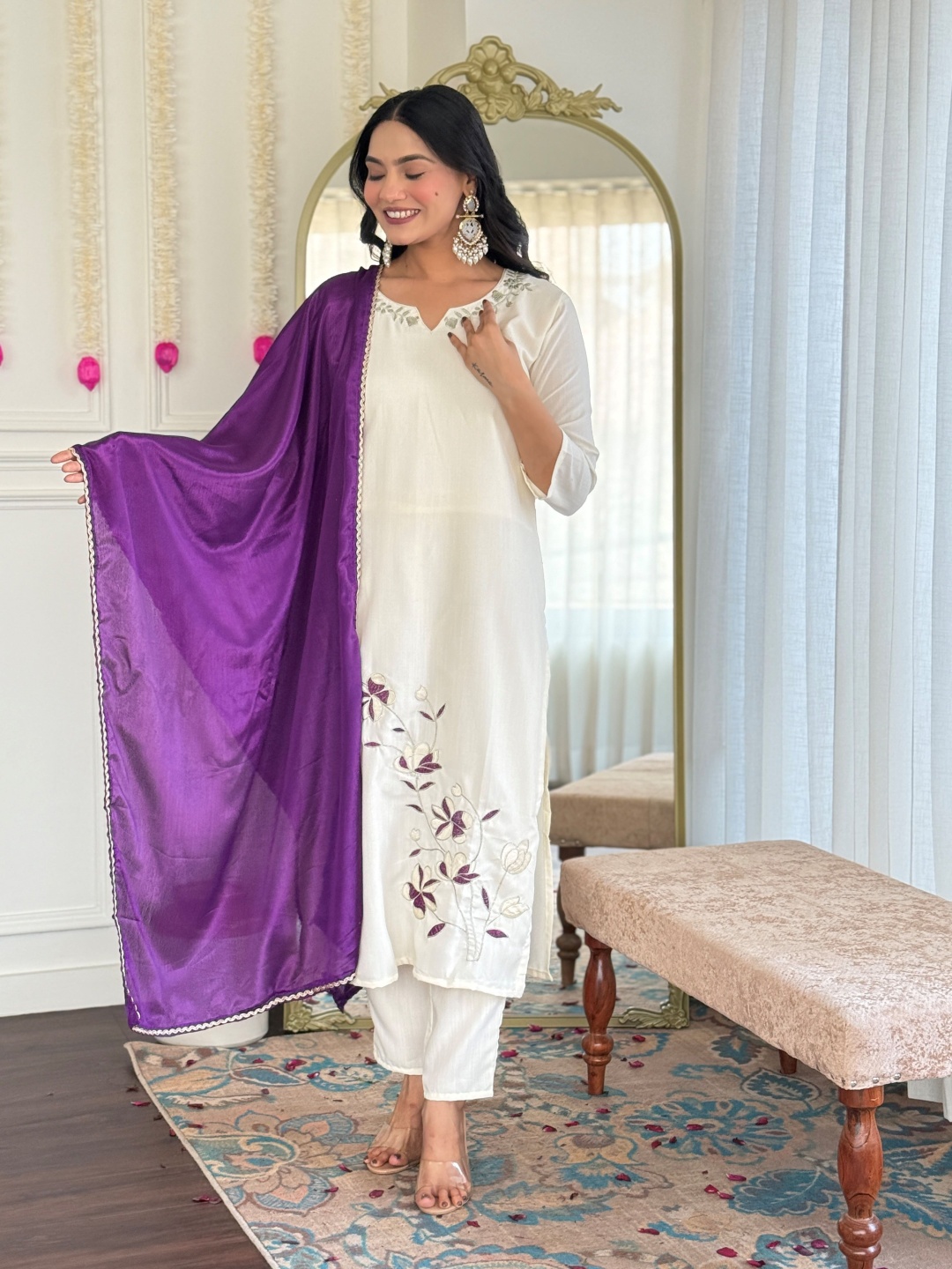 

KALINI Floral Embroidered Notch Neck Straight Kurta With Trousers & Dupatta, White