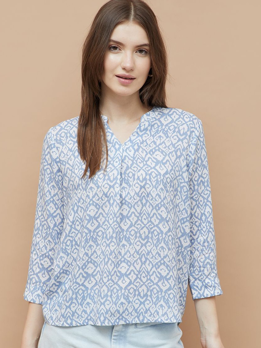 

Fame Forever by Lifestyle Geometric Print Mandarin Collar Top, Blue