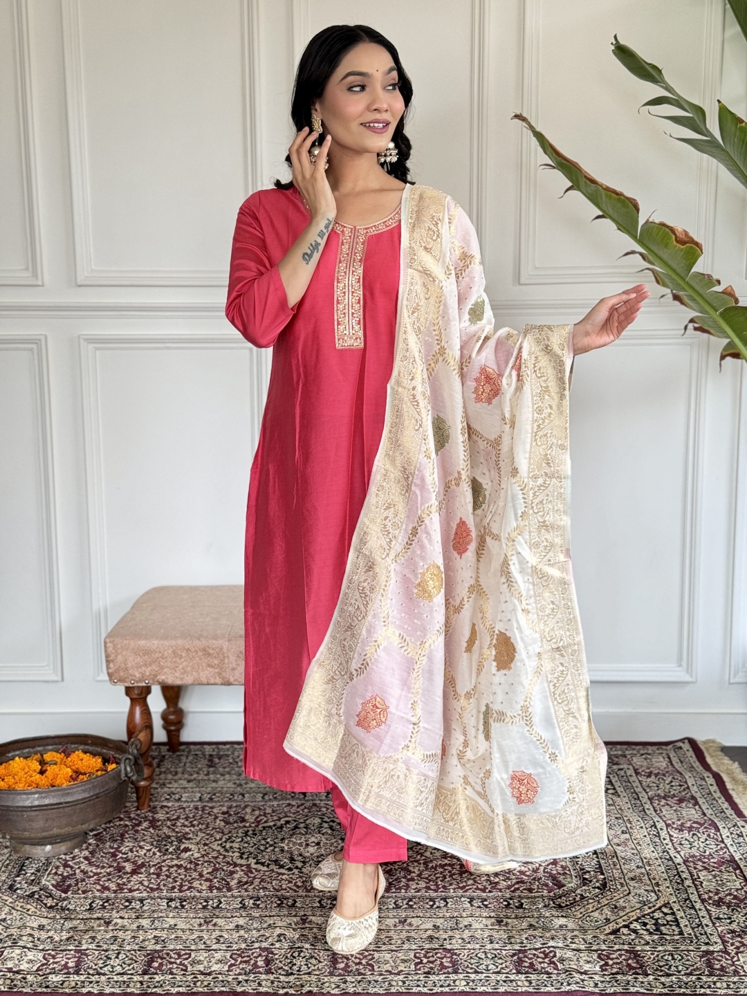 

ZIBLON Embroidered Pure Silk Round Neck Straiht Kurta With Trousers And Dupatta, Pink