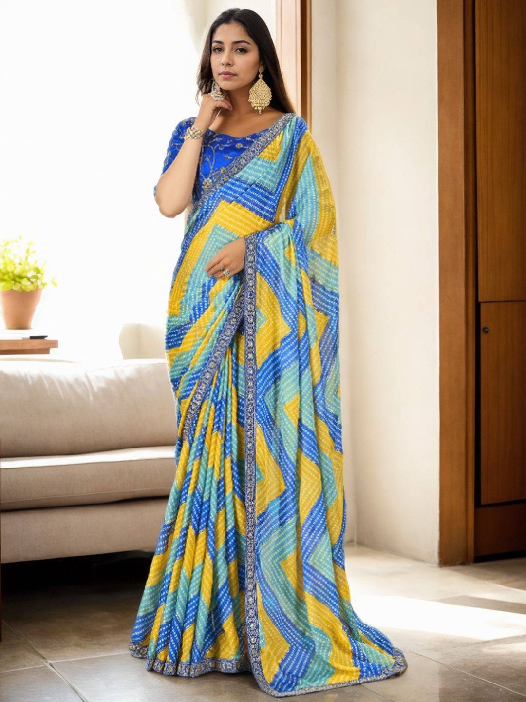 

LeeliPeeri Designer Bandhani Embroidered Poly Chiffon Bandhani Saree, Blue
