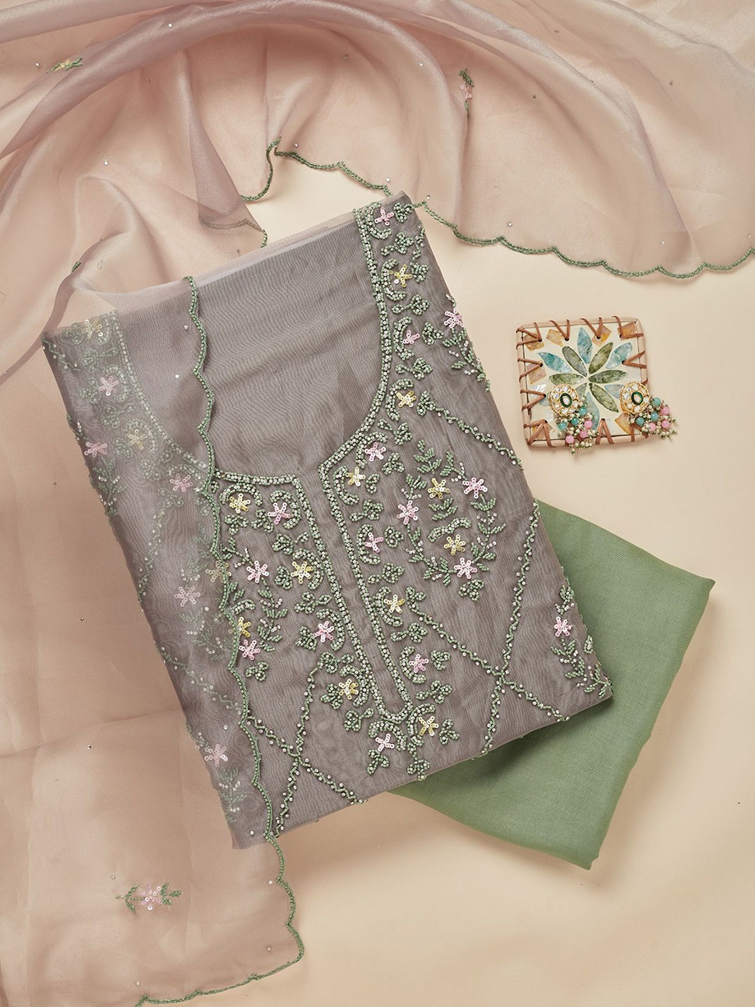 

Koskii Floral Embroidered Beads and Stones Unstitched Dress Material, Grey