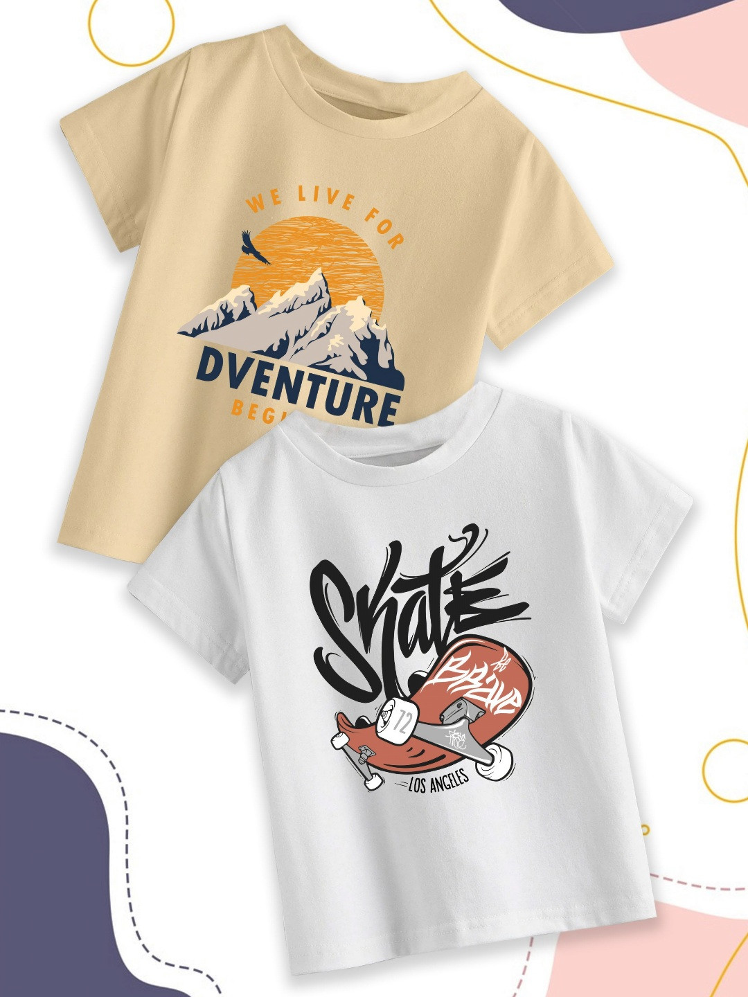 

Provogue Boys Pack Of 2 Graphic Printed Round Neck Cotton T-shirts, Beige