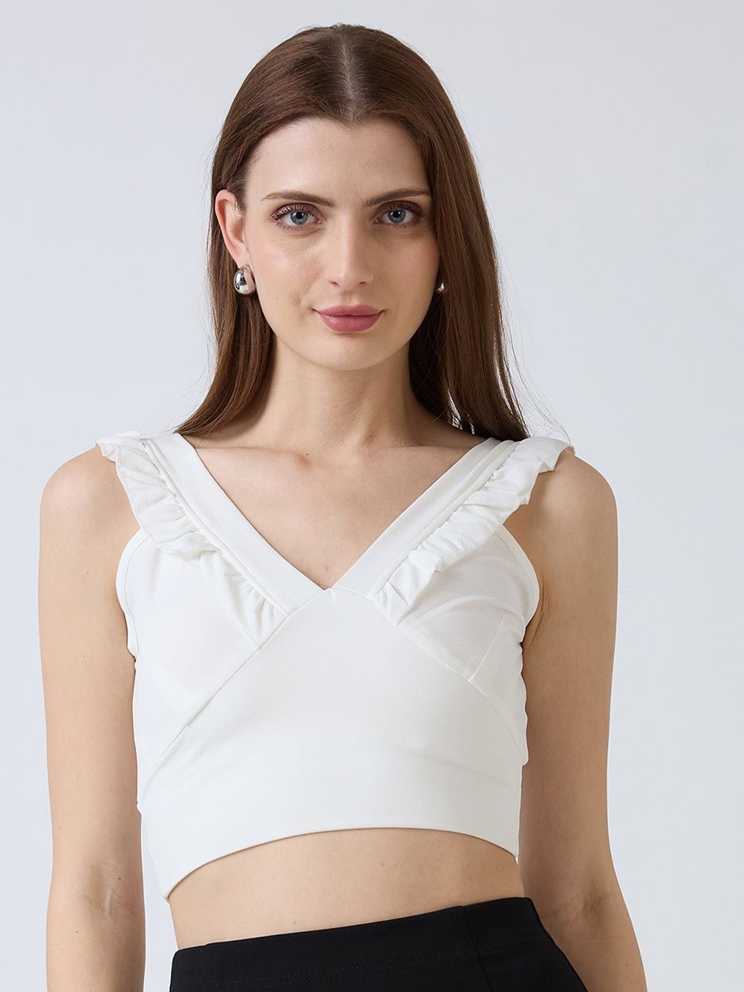 

SZN Women V-Neck Ruffles Fitted Crop Top, White