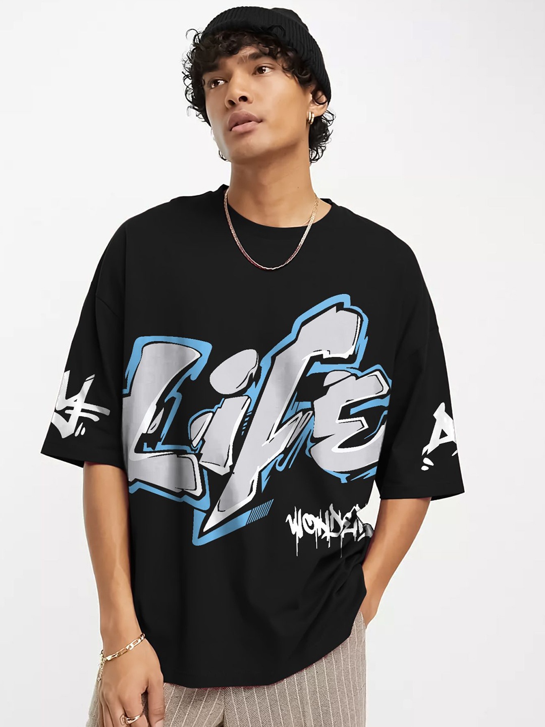 

JUMPCUTS Men Graphic Printed Round Neck Cotton T-shirt, Black