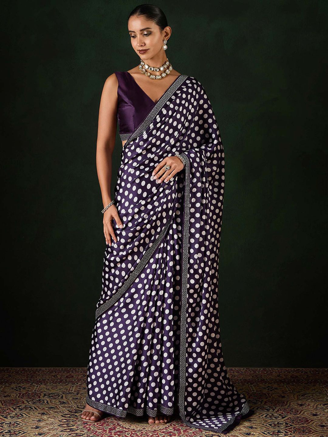 

Sangria Polka Dot Printed with Embellished Party Wear Saree With Unstitched Blouse, Purple