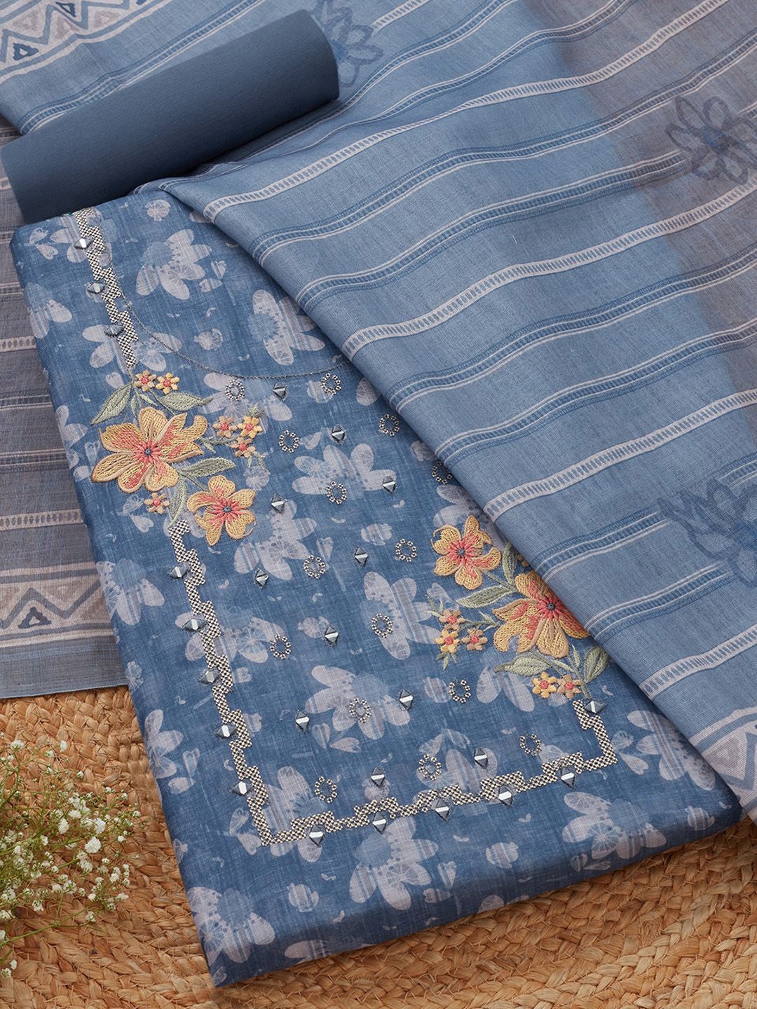 

Soch Floral Printed Mirror Work Linen Unstitched Dress Material, Blue