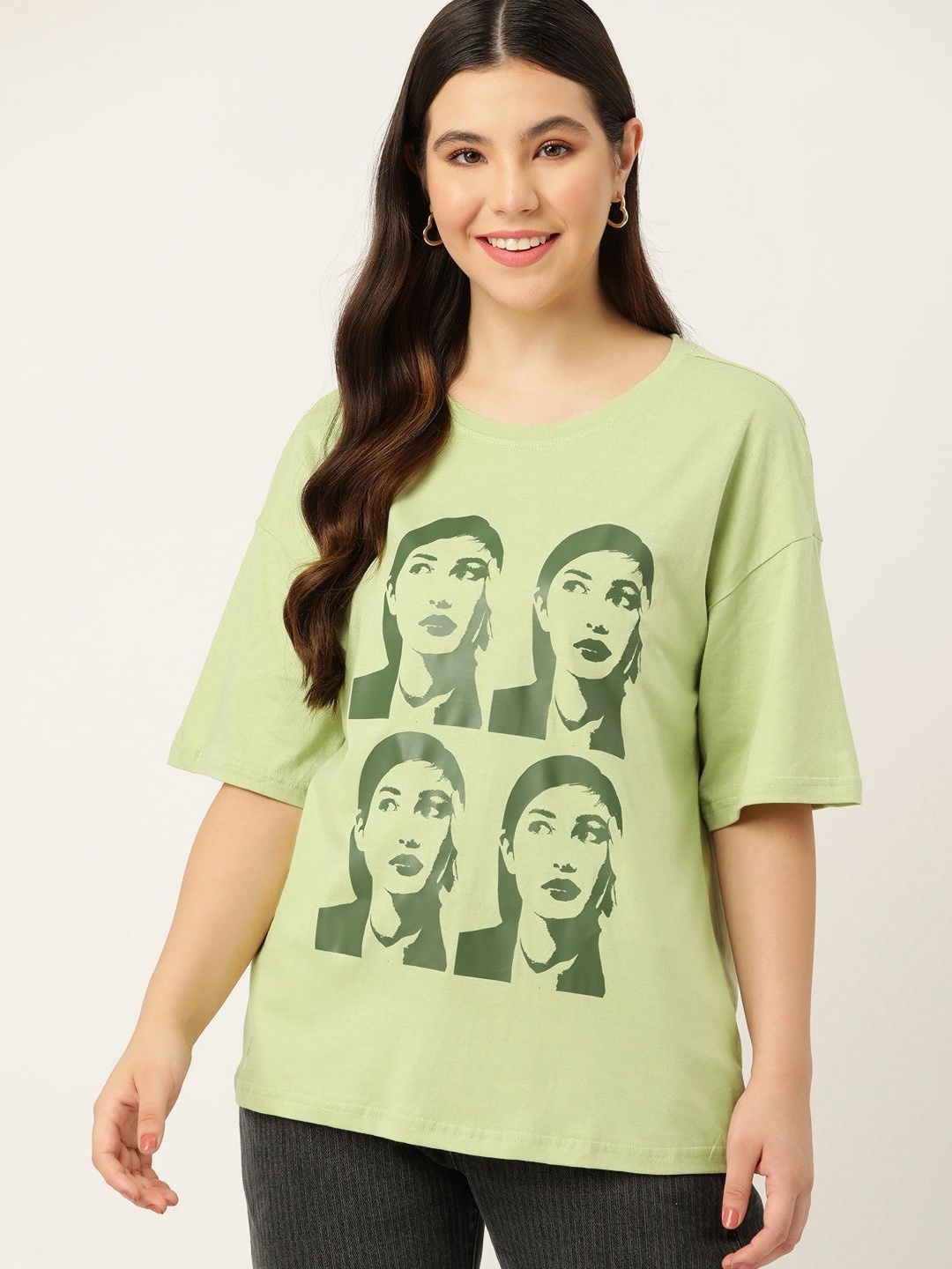 

DressBerry Women Graphic Printed Round Neck Cotton Oversized T-shirt, Green