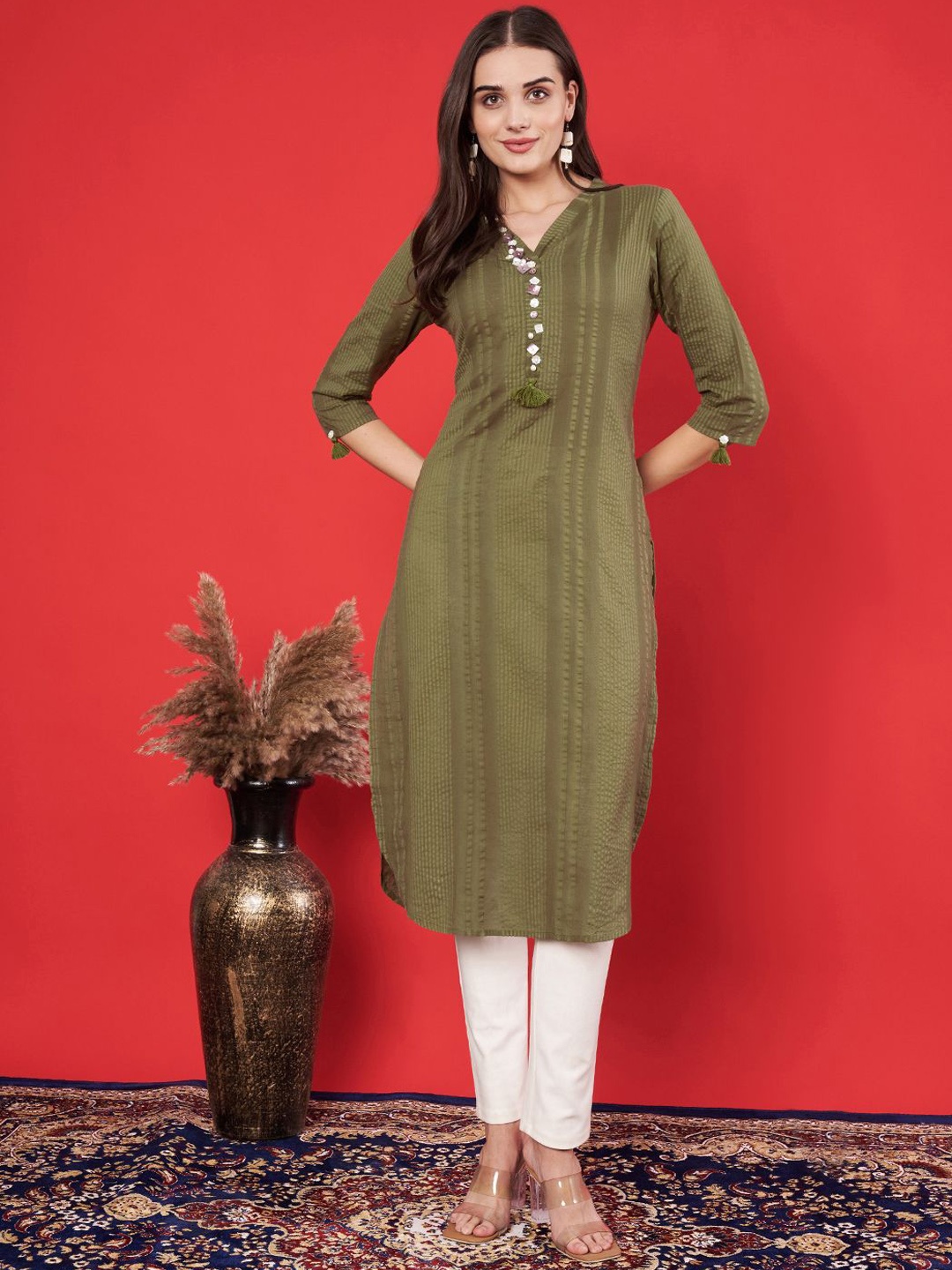 

JAPER KURTI Striped Beads And Stones V-Neck Pure Cotton Straight Kurta, Olive