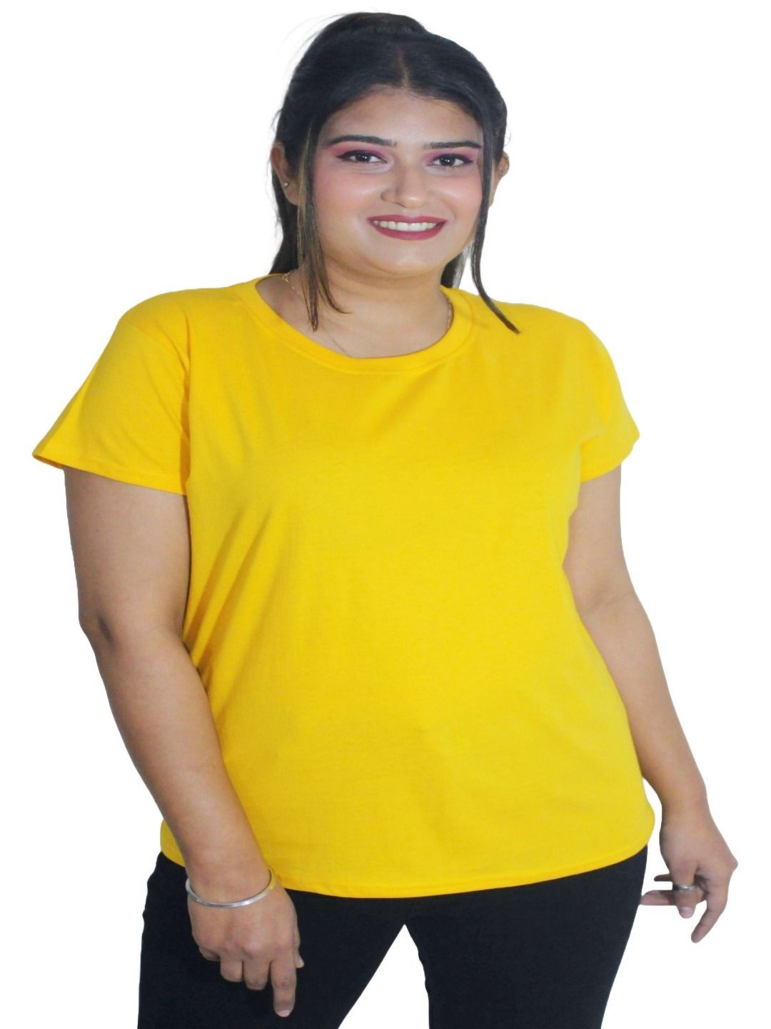 

PINK SHELL Women Solid Round Neck Cotton T-shirt, Yellow
