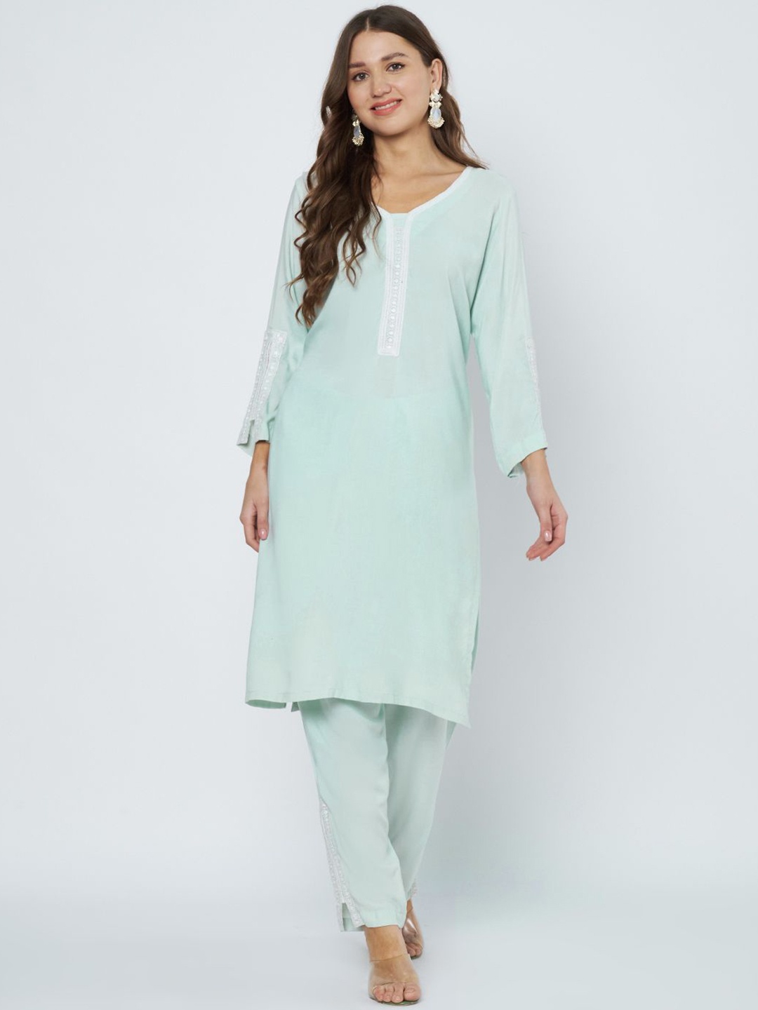 

BCZ Style V-Neck Thread Work Straight Kurta With Trousers, Blue