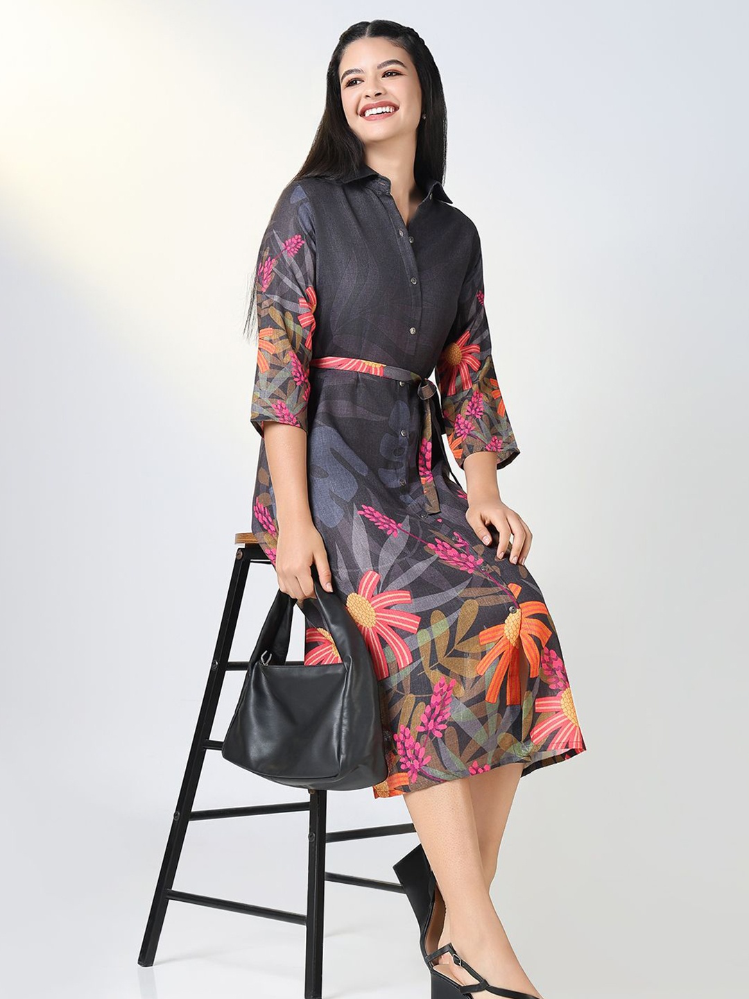 

SHOWOFF Women's Floral Print Cotton Shirt Midi Dress, Black