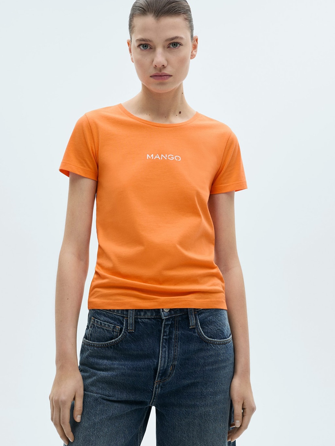 

MANGO Women Pure Cotton T-shirt, Orange