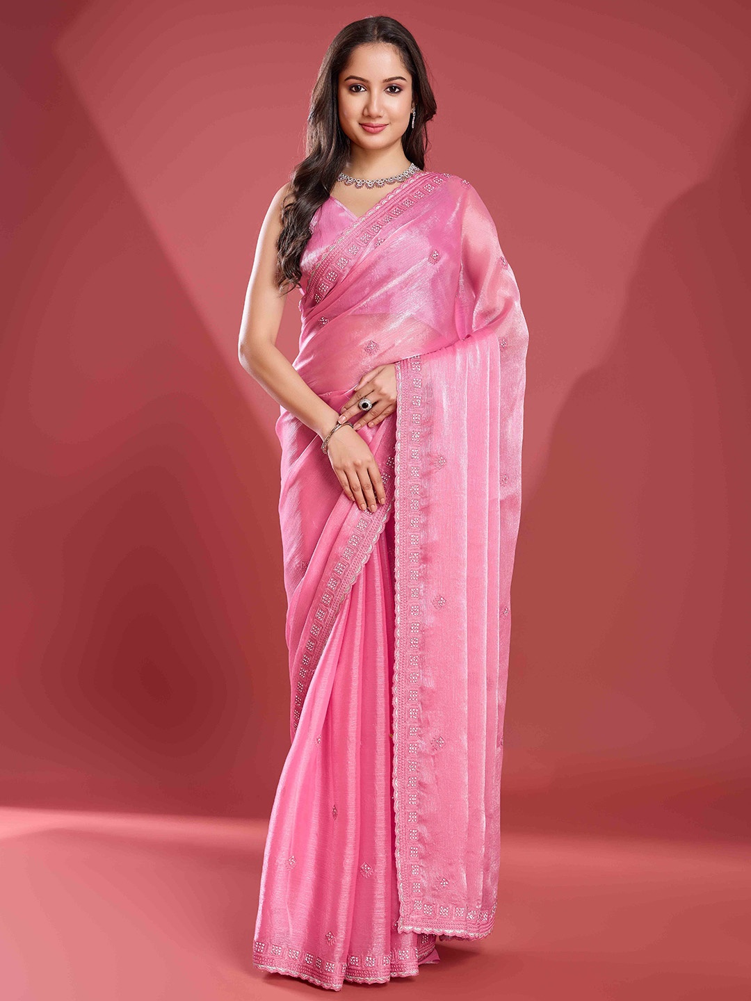 

Blissta Embroidered Tissue Saree, Pink