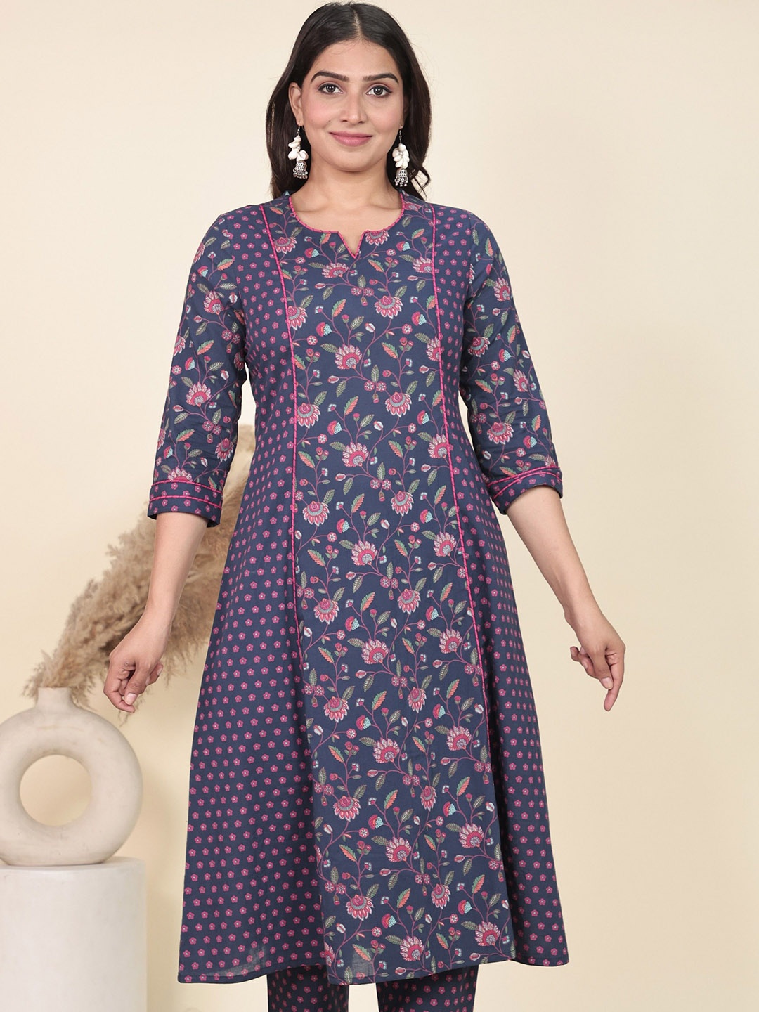 

Aramya Floral Printed Notch Neck Pure Cotton A-Line Kurta, Blue