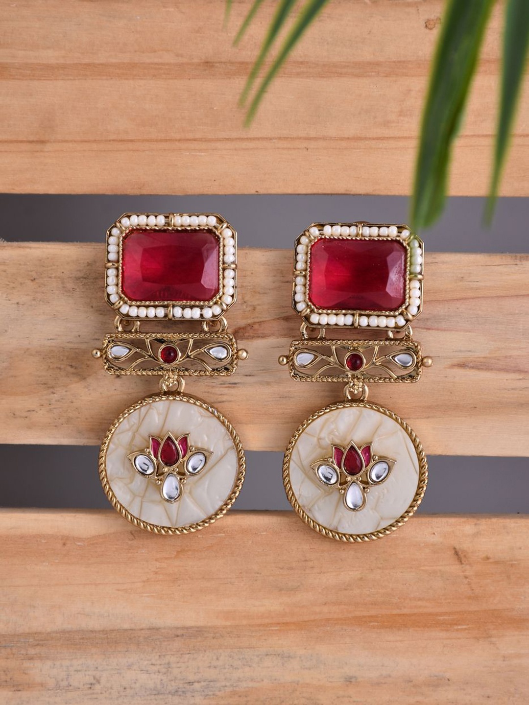 

Anvik Artificial Stones Studded And Beaded Contemporary Shaped Drop Earrings, Gold