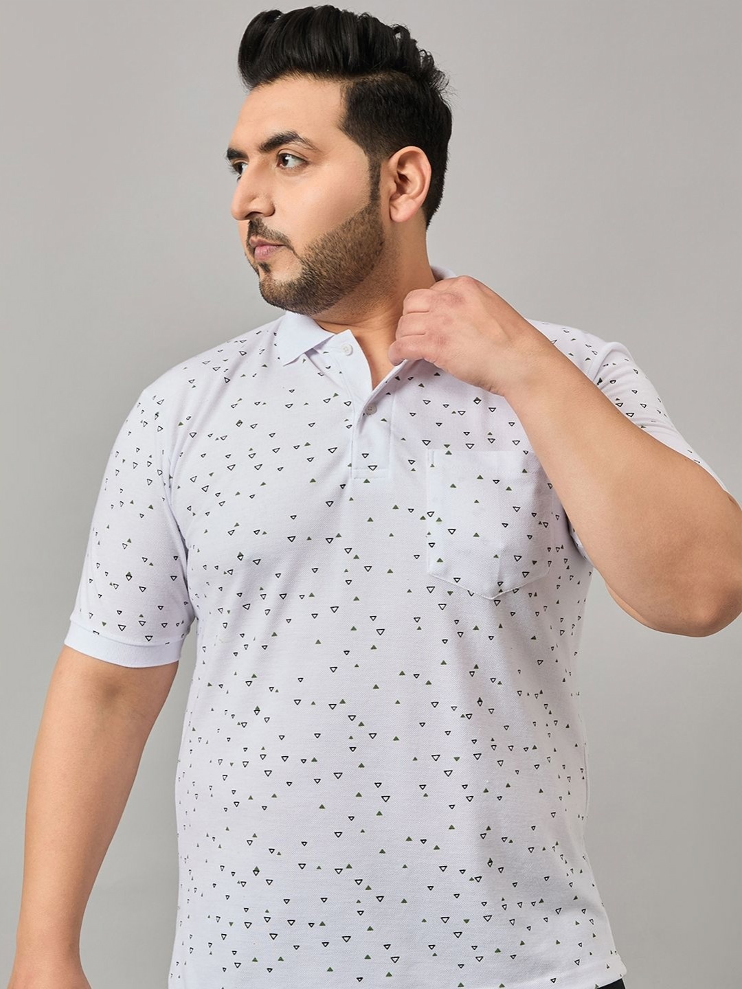 

MXN Men Plus Size Geometric Printed Polo Collar Cotton T-shirt, White