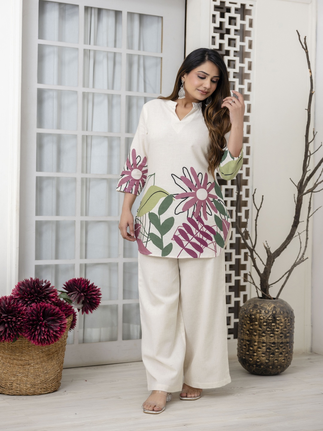 

KALINI Floral Printed Mandarin Collar Pure Cotton Top & Trousers, White