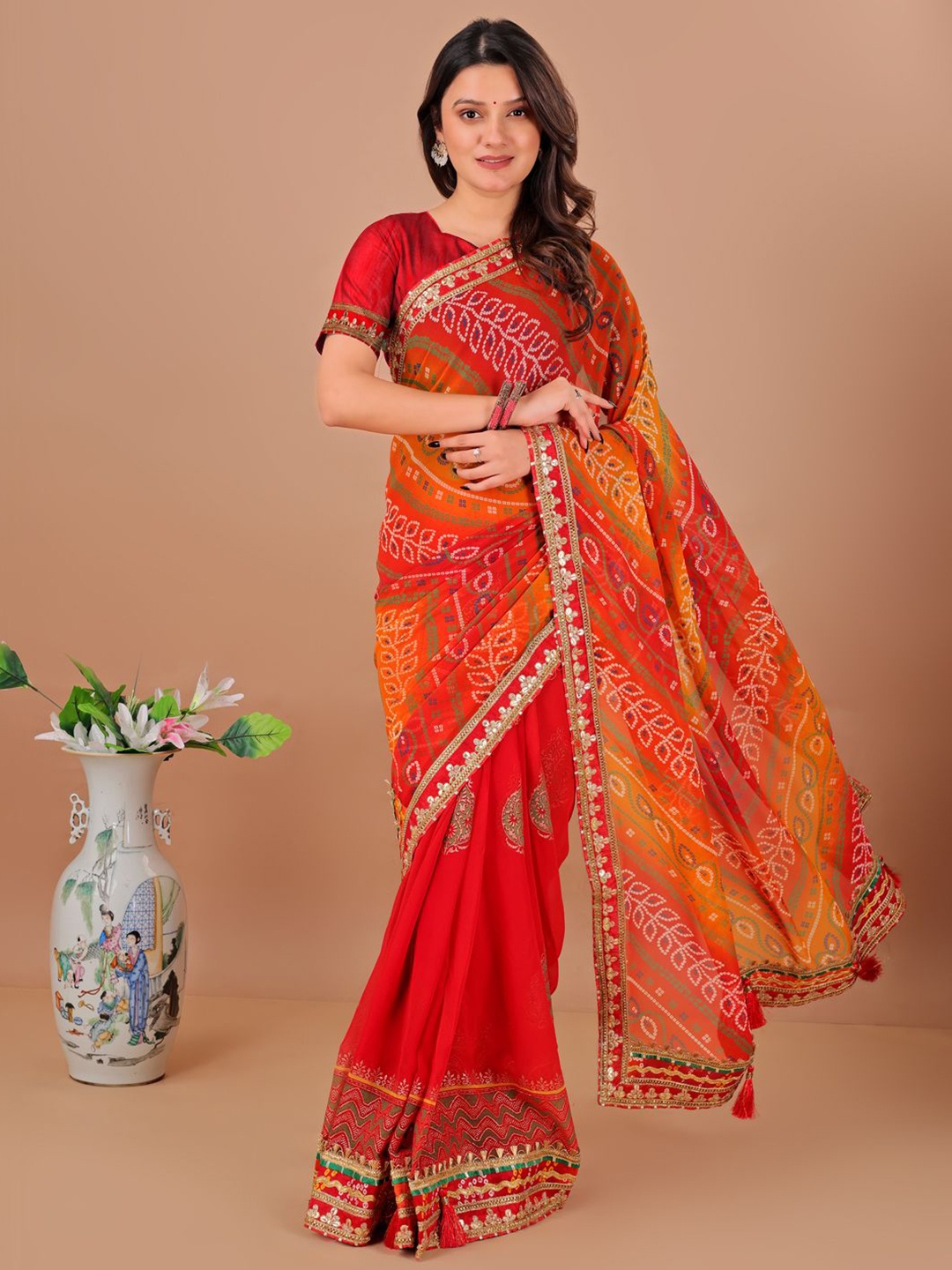 

LeeliPeeri Designer Bandhani Printed Gotta Patti Bandhani Saree, Red