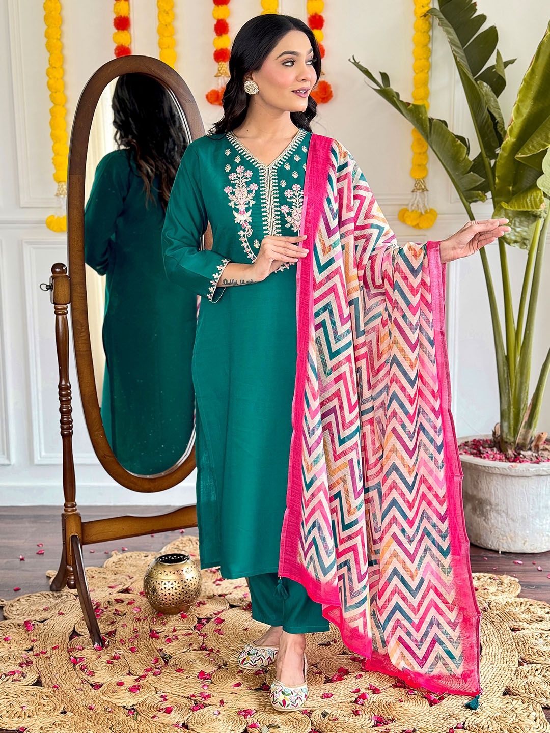 

KALINI Floral Embellished Sequinned Chanderi Silk Straight Kurta With Trouser And Dupatta, Turquoise blue