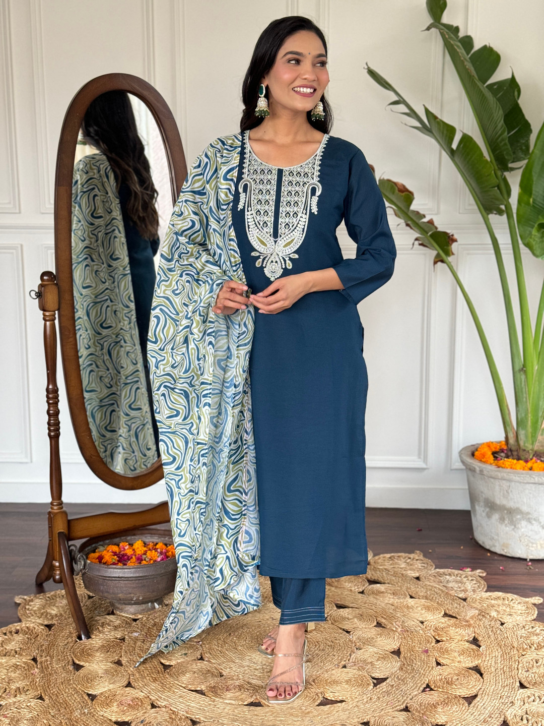 

ZIBLON Ethnic Motifs Embroidered Pure Silk V-Neck Straight Kurta With Trousers And Dupatta, Blue