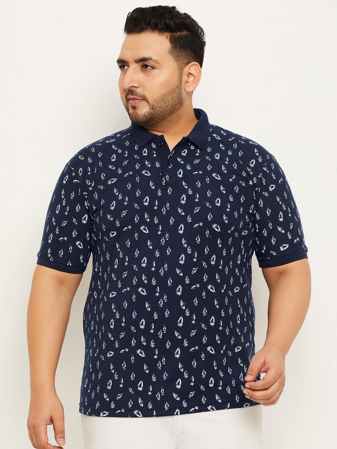 

MXN Men Plus Size Conversational Printed Polo Collar Cotton T-shirt, Navy blue