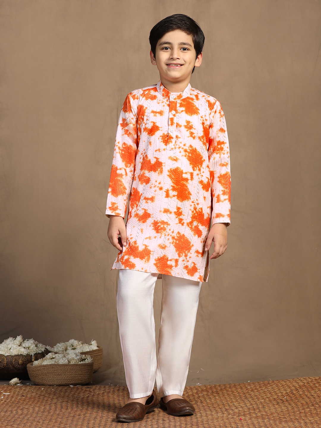 

Sangria Orange & White Boys Striped Embroidered Band Collar Straight Kurta With Trouser