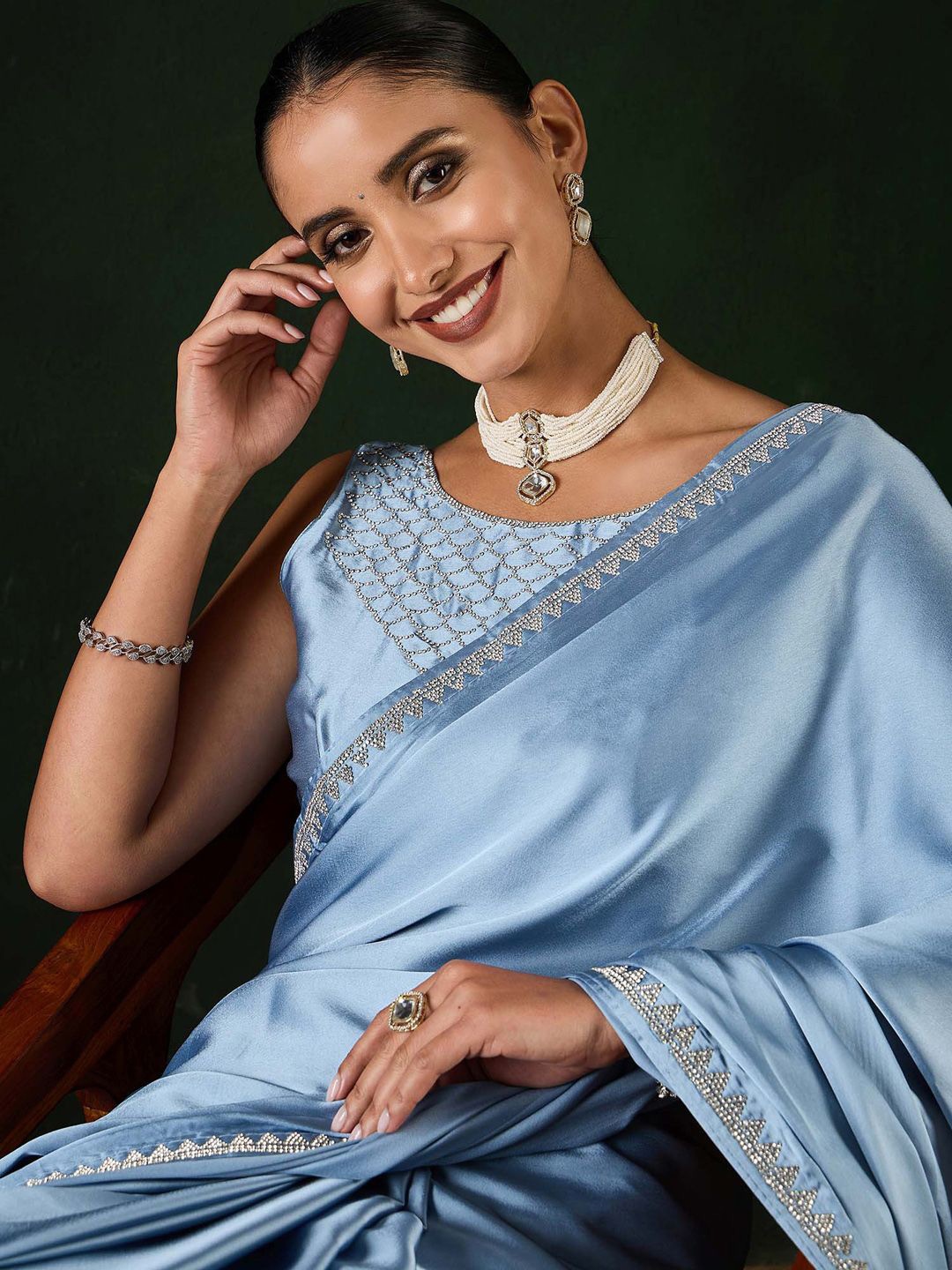 

Sangria Embellished Party Wear Saree With Unstitched Blouse, Blue