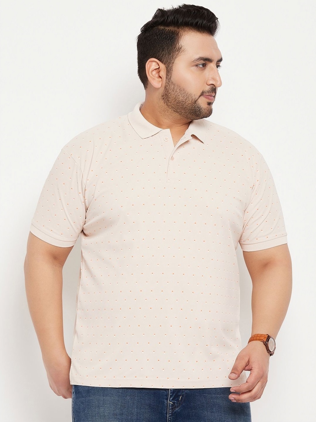 

MXN Men Plus Size Conversational Printed Polo Collar Cotton T-shirt, Beige