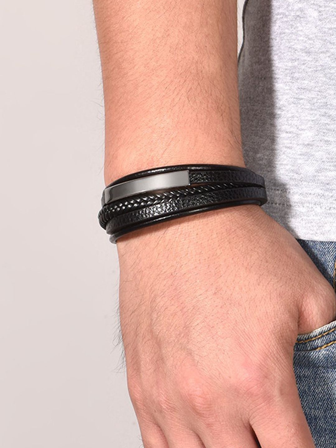 

Jewels Galaxy Men Leather Silver-Plated Layered Wraparound Bracelet, Black
