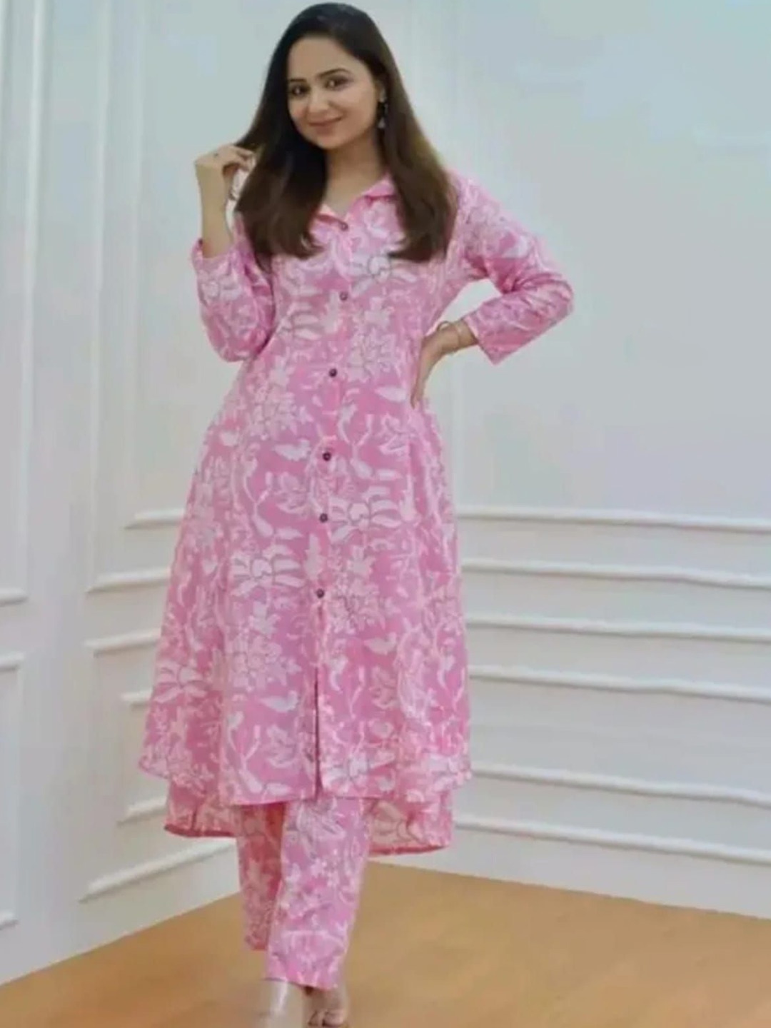 

Saood Creation Floral Print A-Line Three-Quarter Dress, Pink