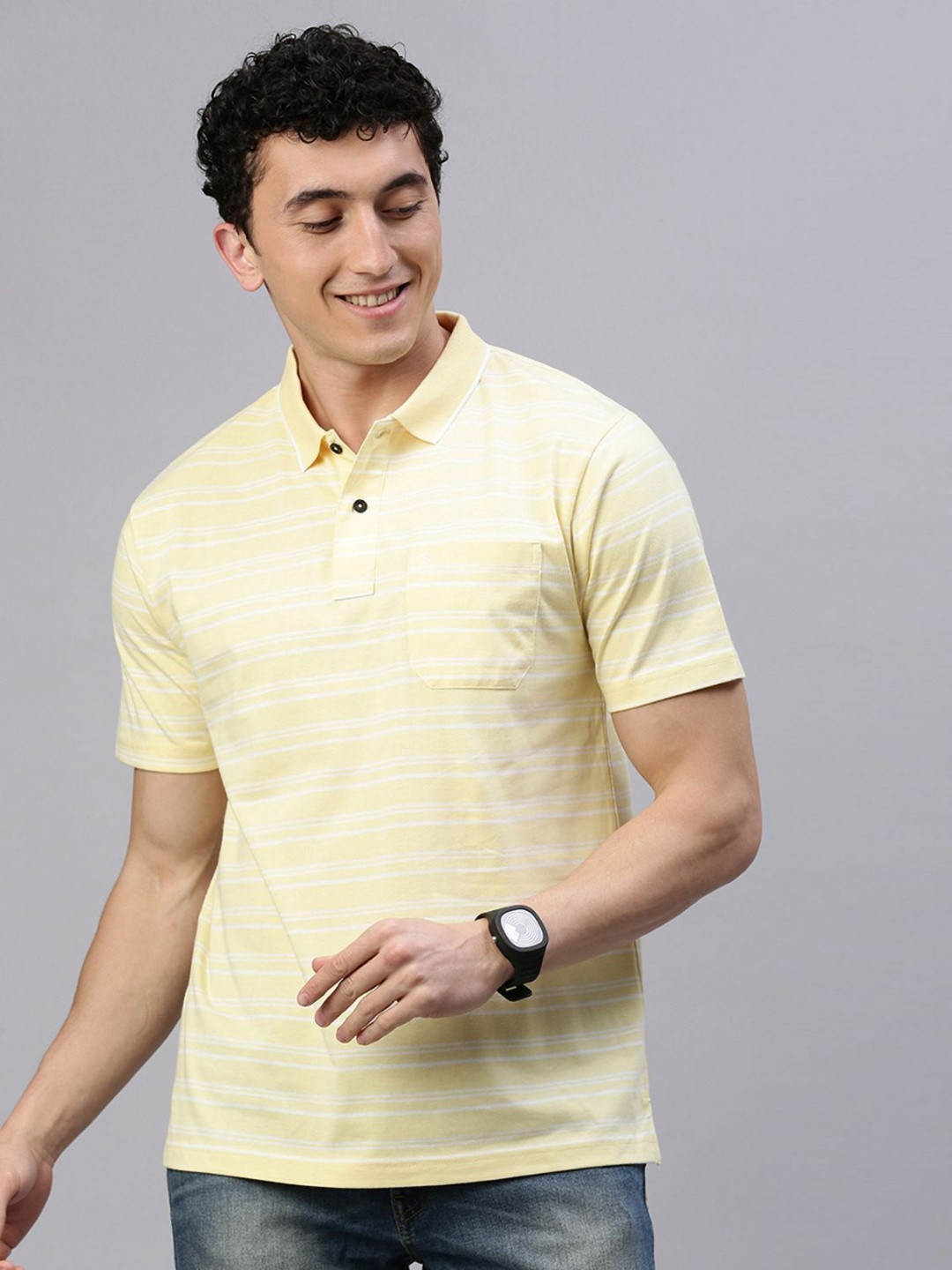 

Classic Polo Men Striped Polo Collar Cotton T-shirt, Yellow