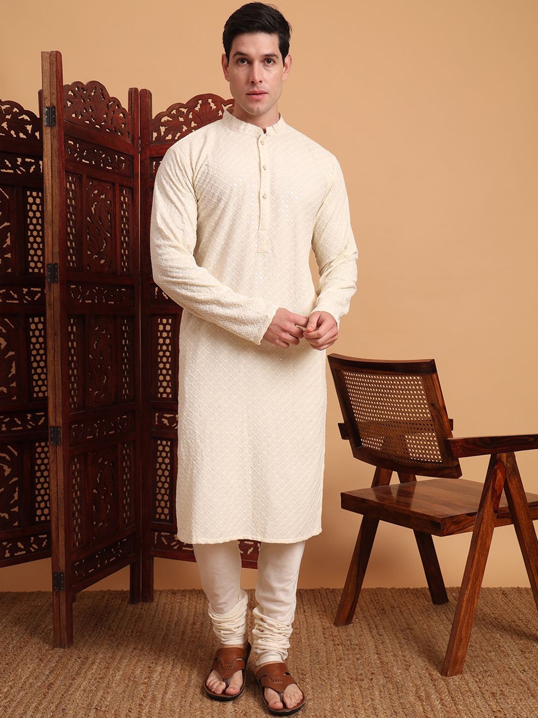 

House of Pataudi Rayon Chikankari Embroidered Work Kurta, Cream