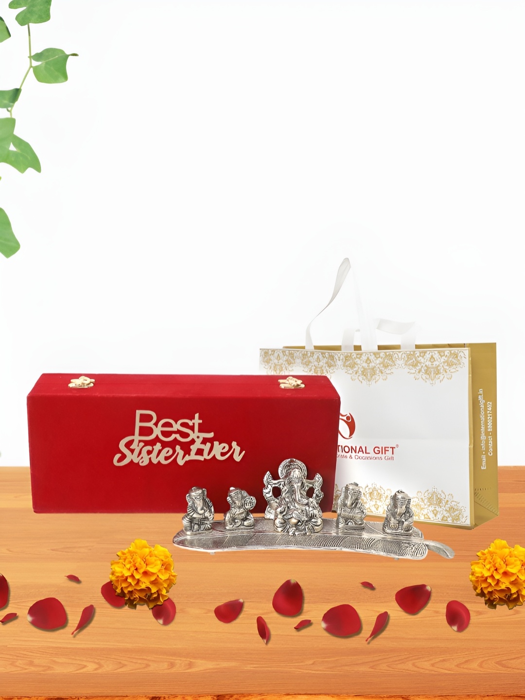 

INTERNATIONAL GIFT Silver-Toned 3Pcs Religious Showpiece With Diya Velvet Box & Carry Bag