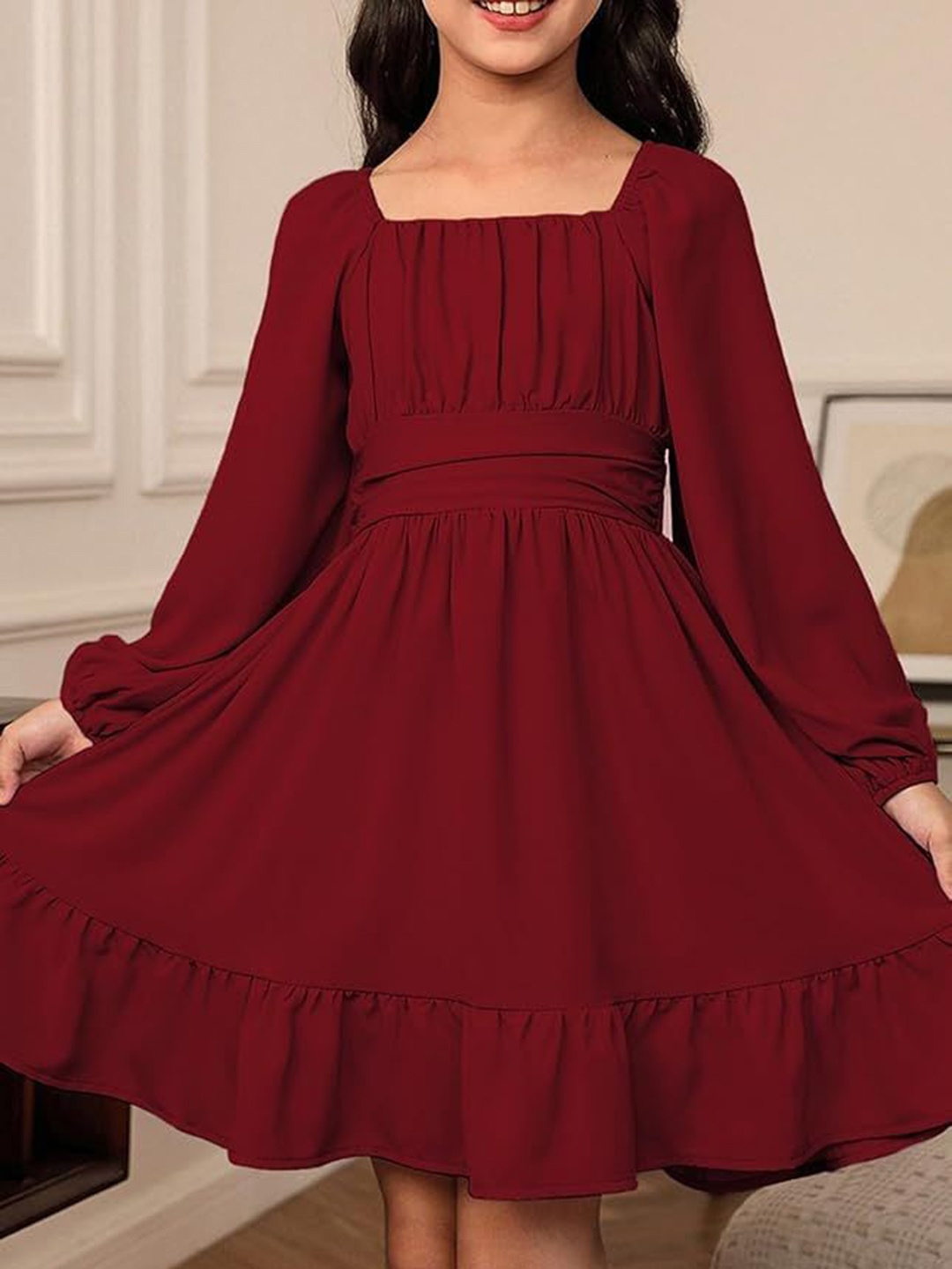 

R Cube Puff Sleeve Ruffled Crepe Fit & Flare Midi Dress, Maroon