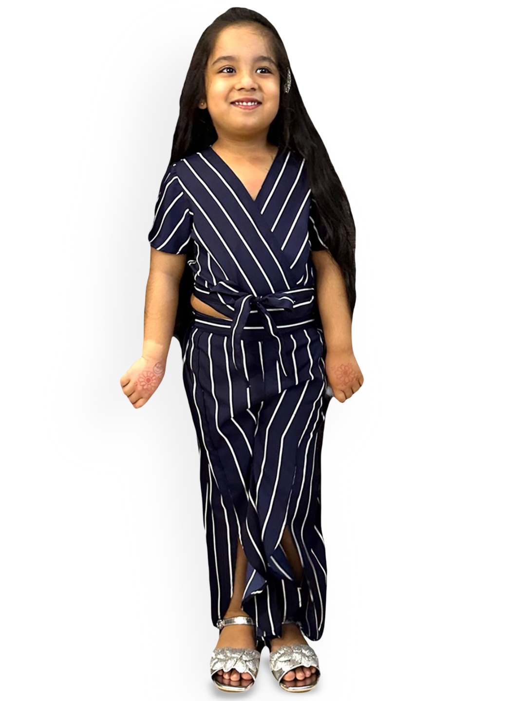 

Samsara Couture Girls Striped V-Neck Top With Palazzo, Navy blue