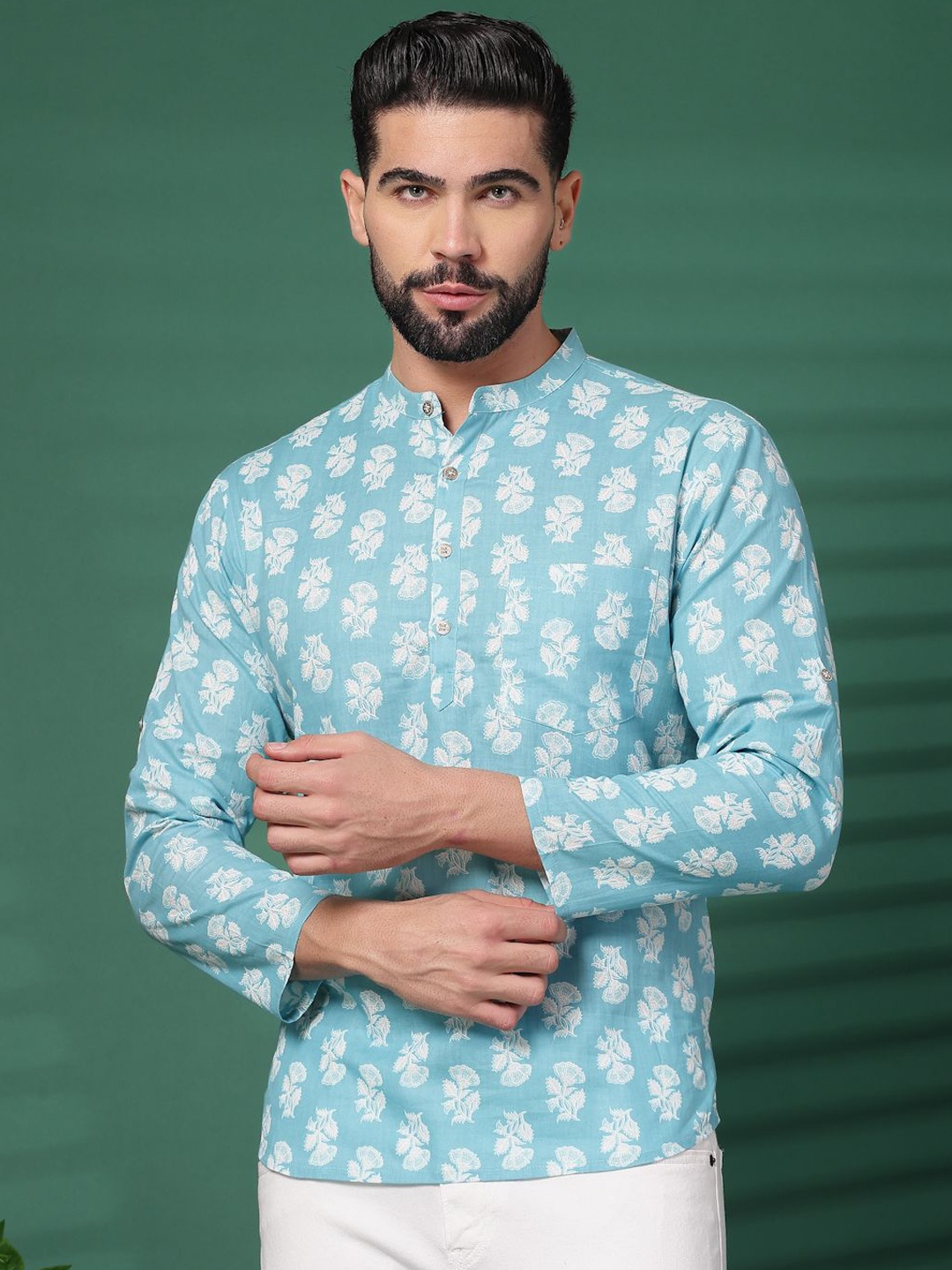 

Sangria Turquoise Blue Floral Printed Mandarin Collar Cotton Short Kurta