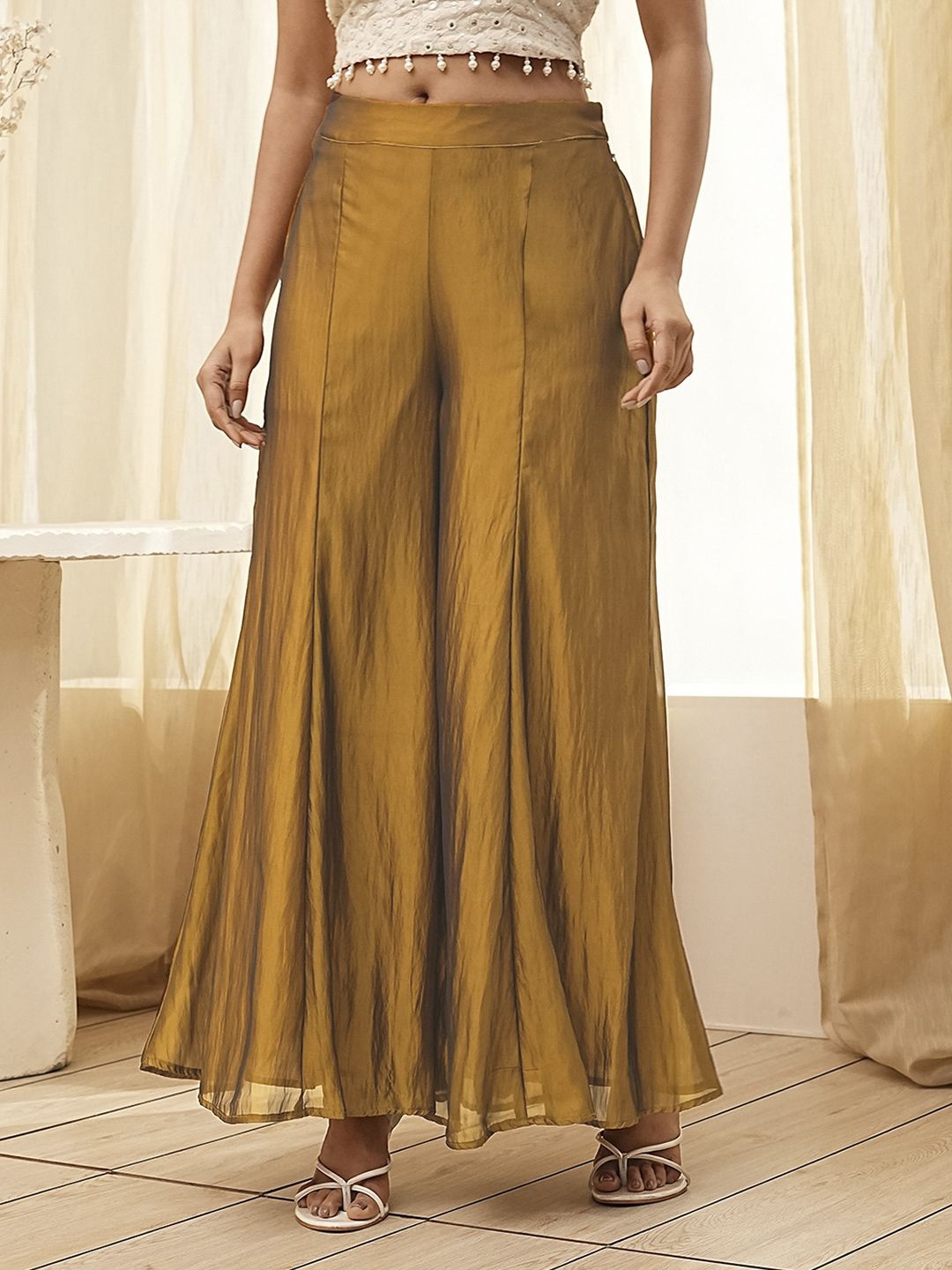 

Biba Women Flared Knitted Georgette Palazzos, Gold