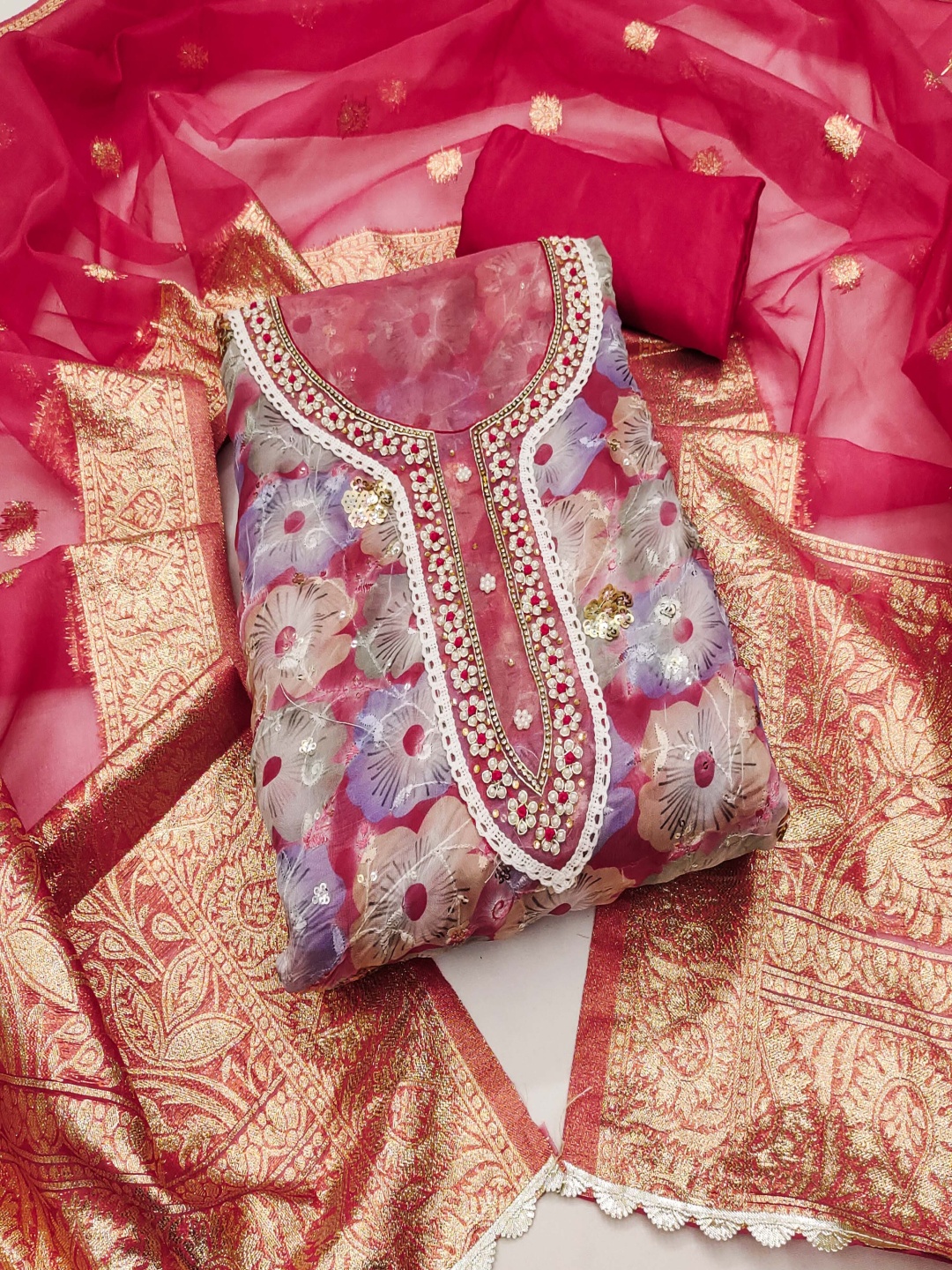 

Blissta Floral Printed Beads And Stones Unstitched Dress Material, Pink