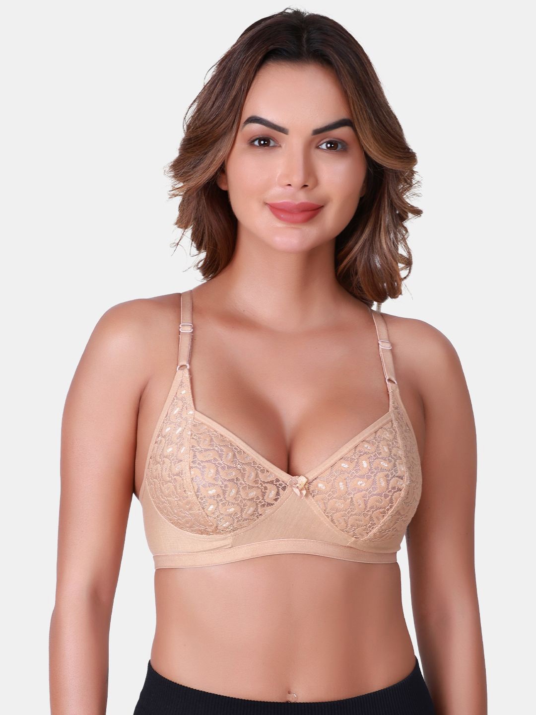 

SKDREAMS Women Lace Non Padded Medium Coverage Cotton T-shirt Bra, Nude