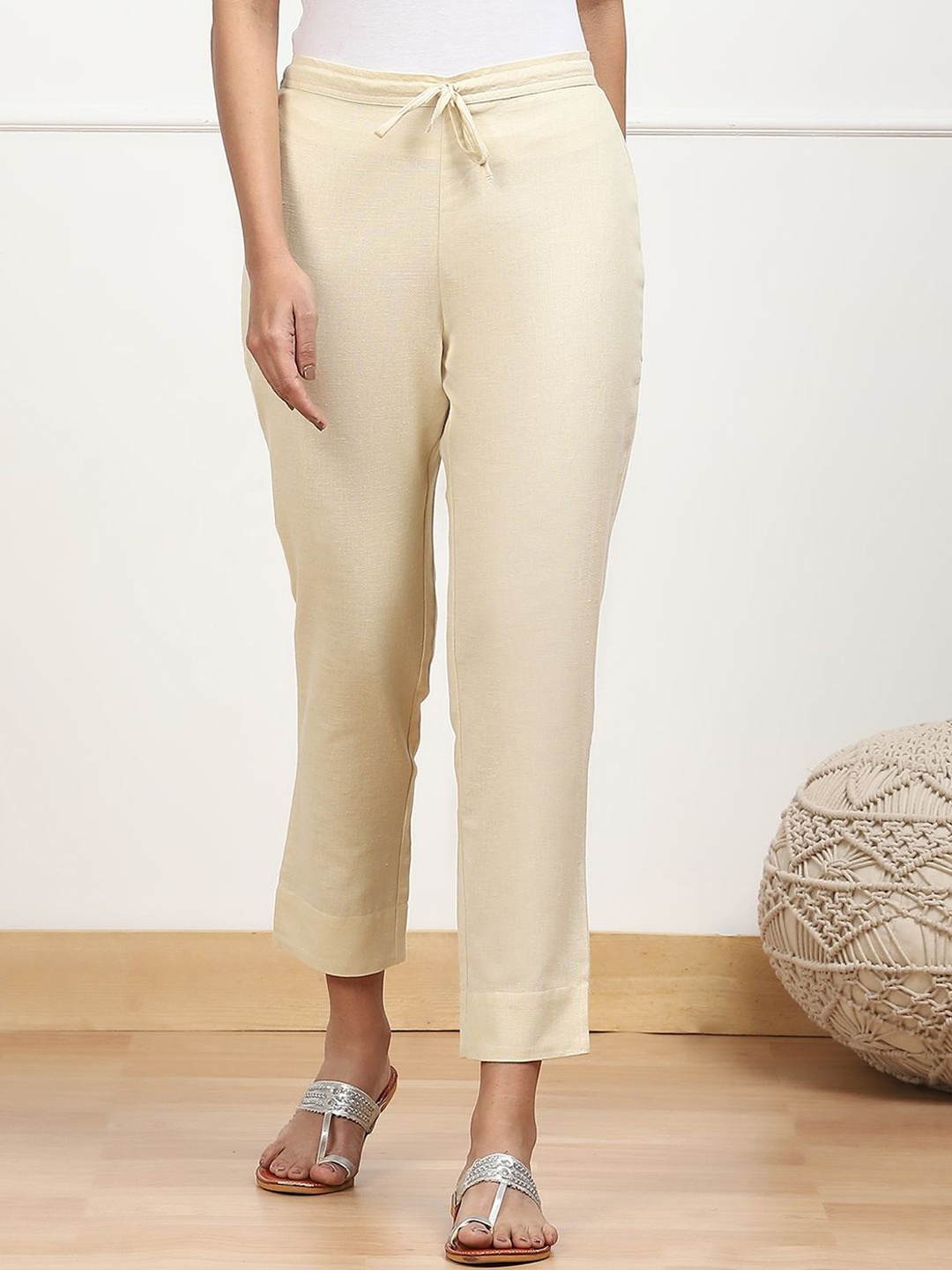 

Biba Women Cotton Relaxed Low-Rise Trousers, Beige