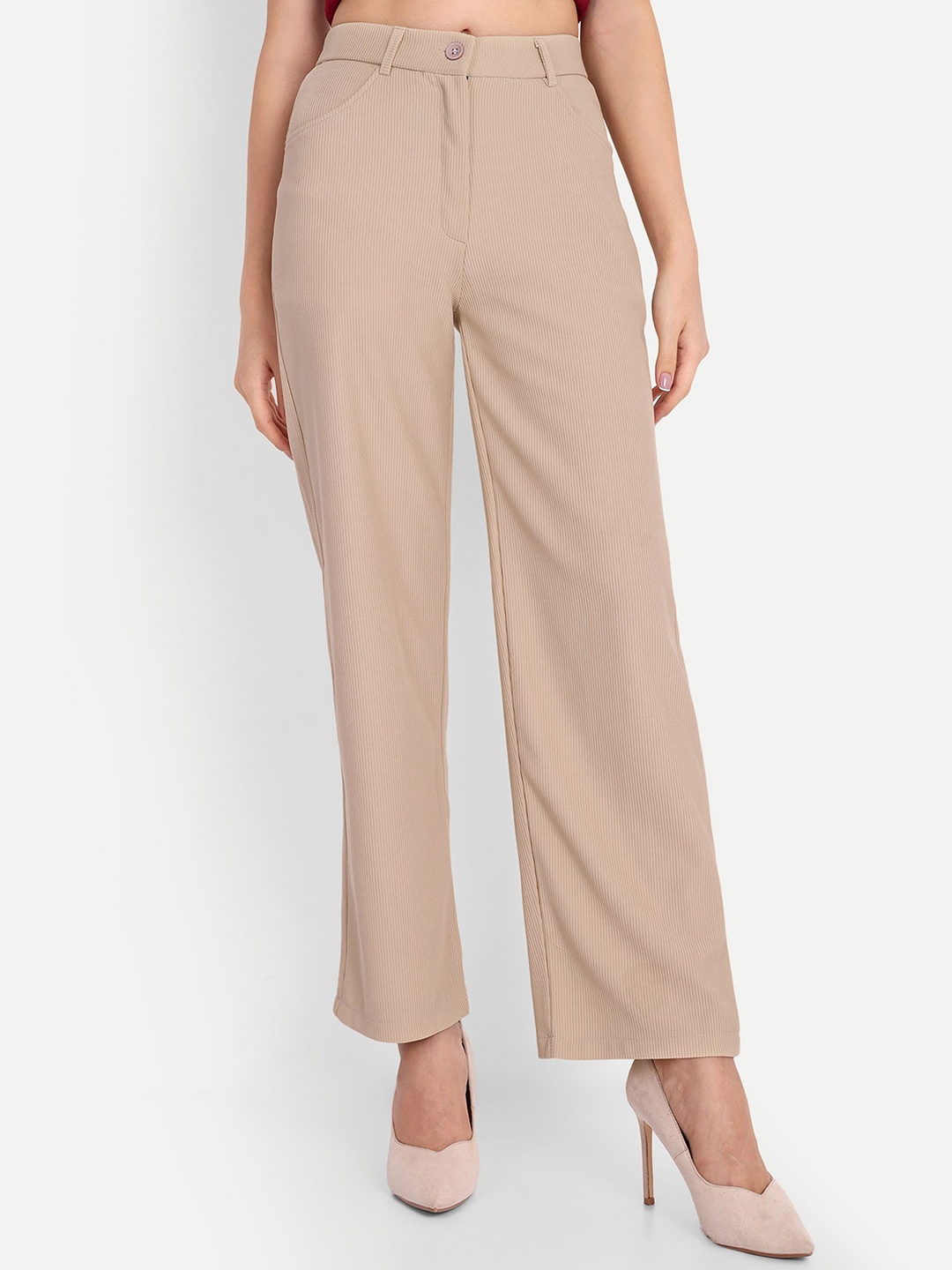 

FNOCKS Women Relaxed Loose Fit High-Rise Trousers, Beige