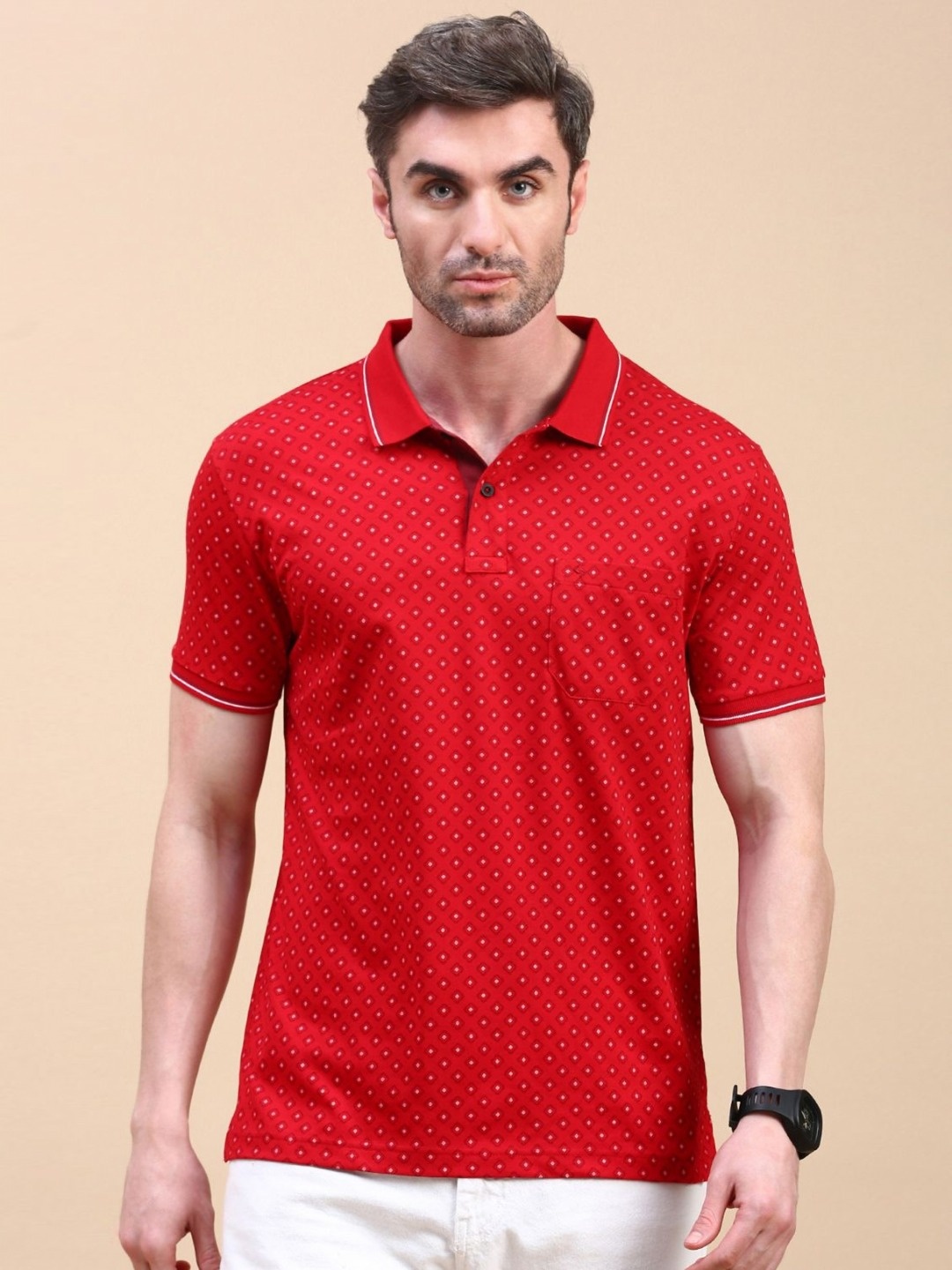 

Classic Polo Men Geometric Printed Polo Collar Cotton Slim Fit T-shirt, Red