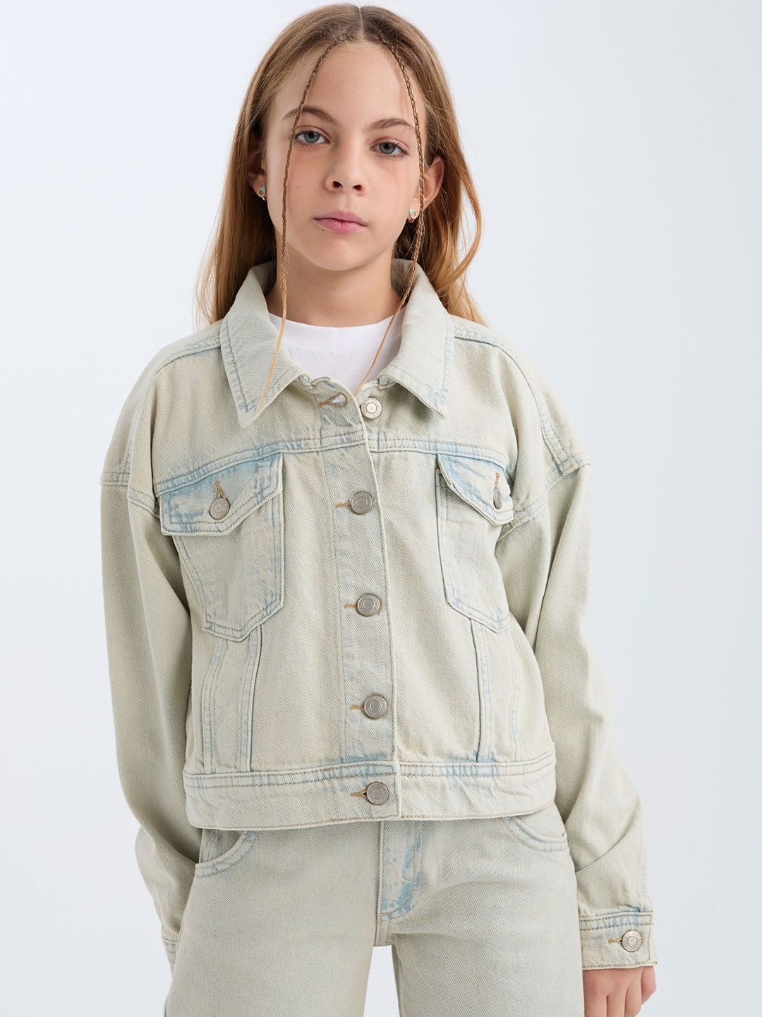 

DeFacto Girls Spread Collar Washed Solid Cotton Casual Denim Jacket, Sea green
