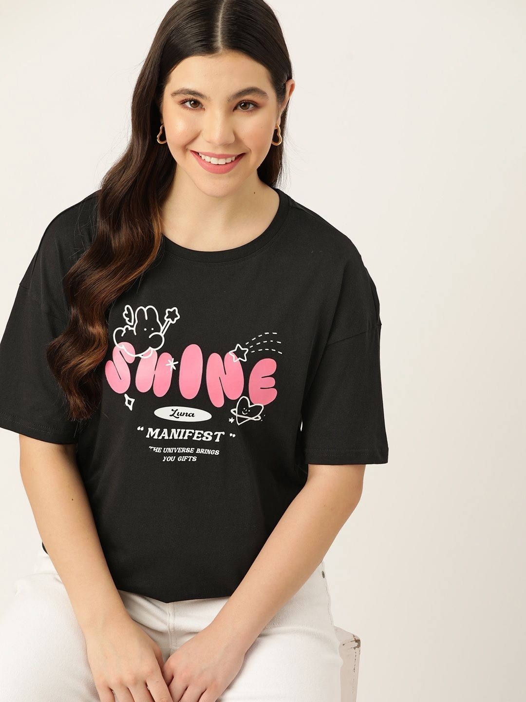 

DressBerry Women Typography Printed Round Neck Cotton Oversized T-shirt, Black