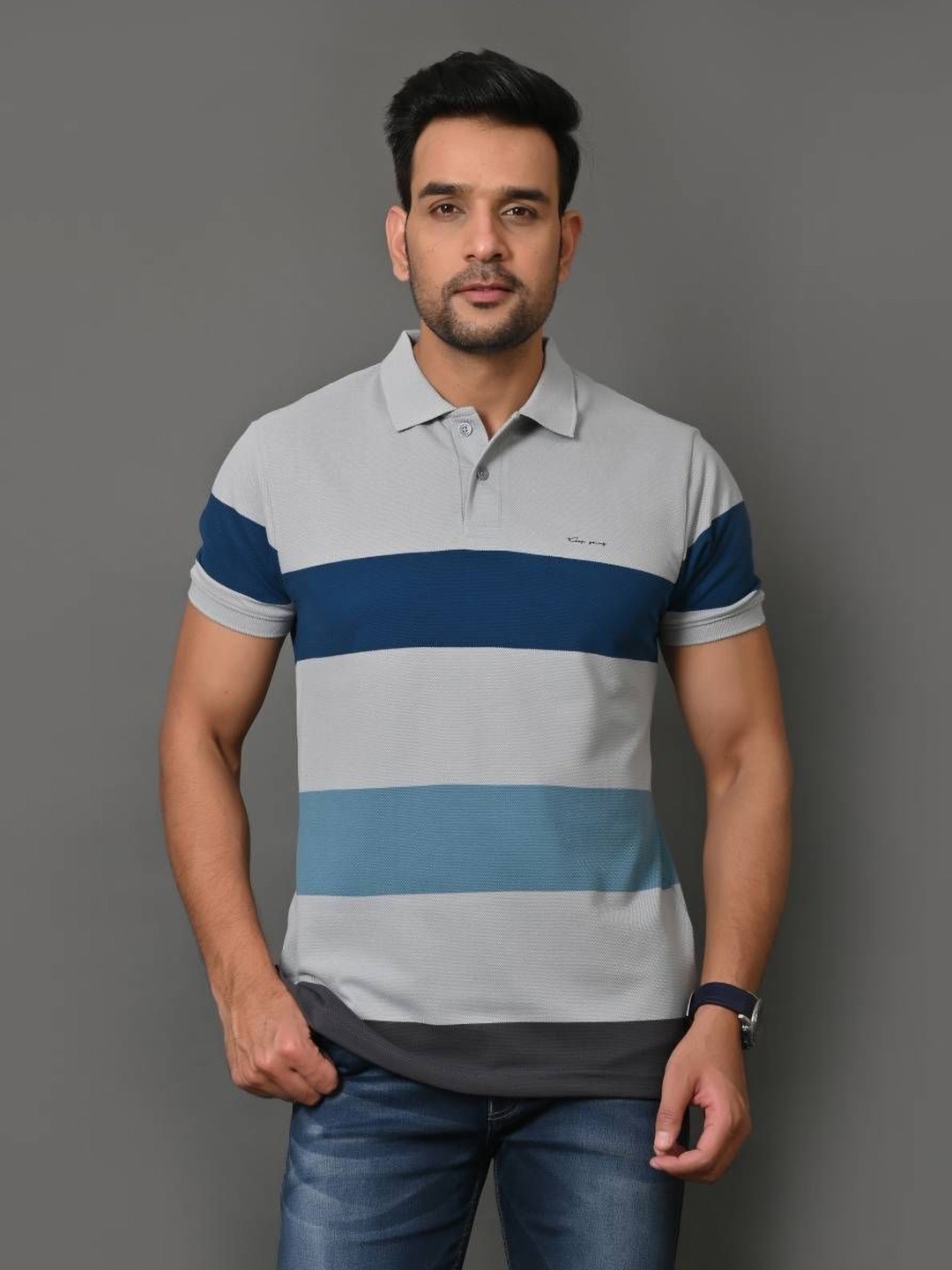 

ARBOUR Men Striped Polo Collar Cotton Slim Fit T-shirt, Grey