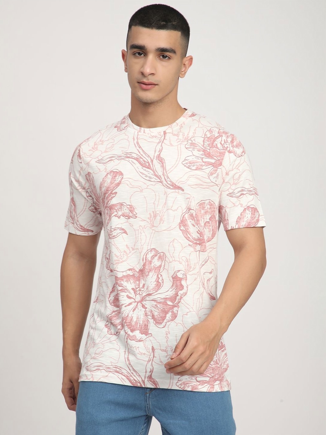 

R&B Men Floral Printed Round Neck Cotton T-shirt, White