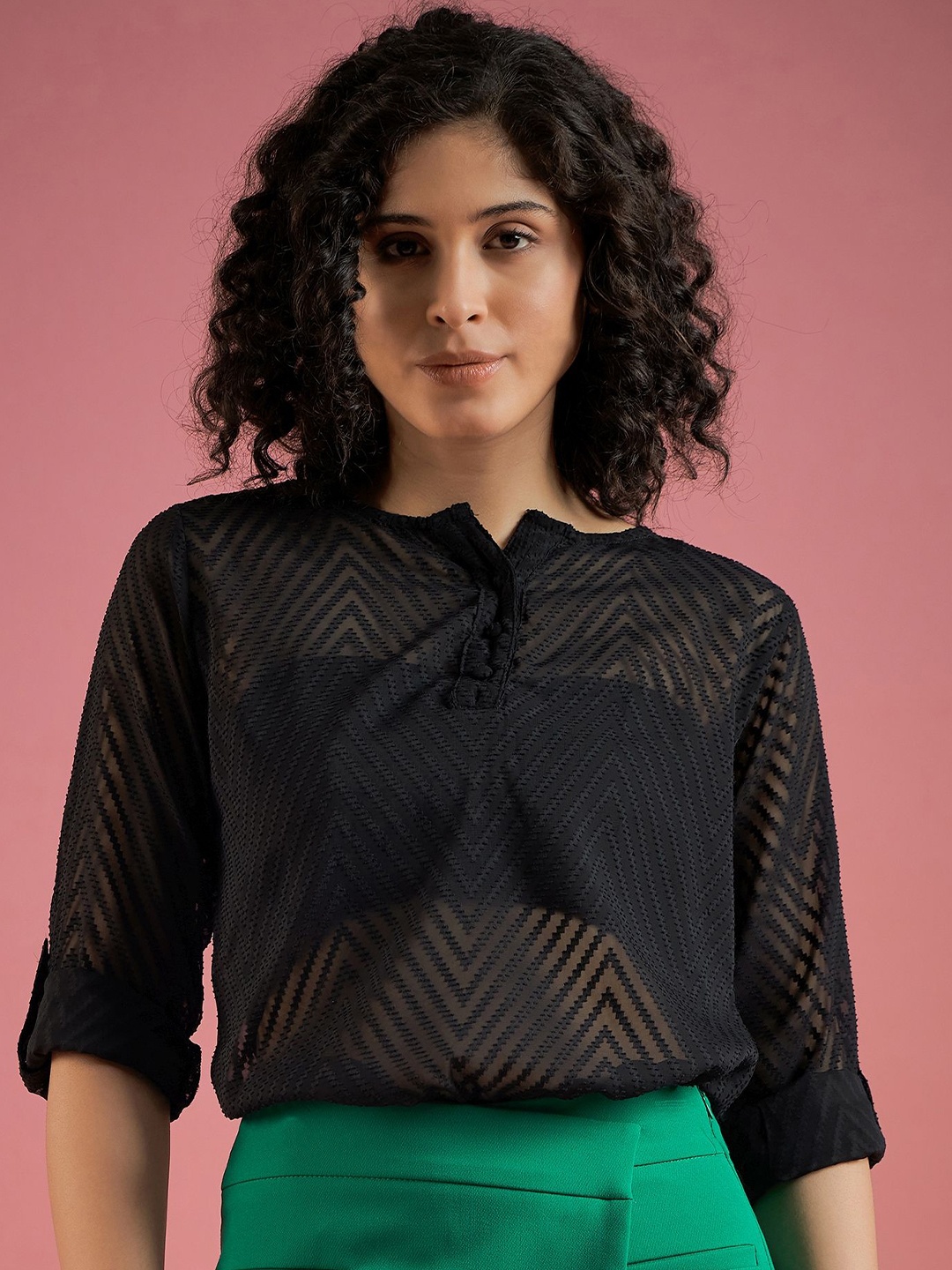 

DressBerry Roll-Up Sleeves Georgette Top, Black