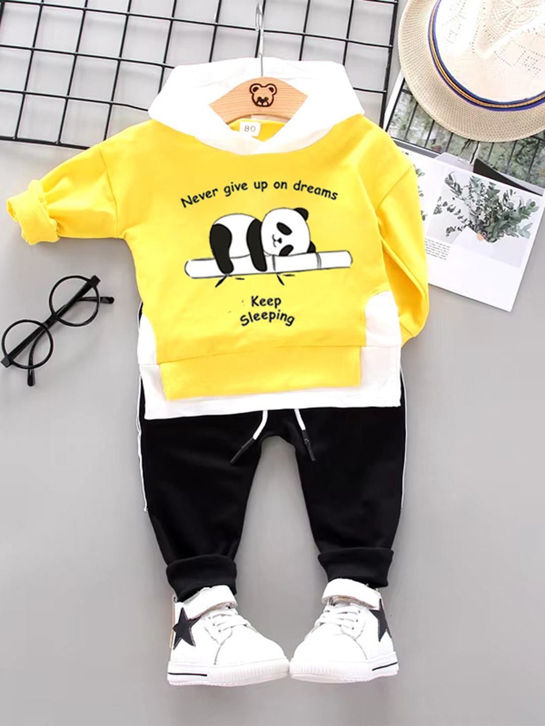 

Bold N Elegant Boys Panda Print Hooded T-Shirt with Joggers, Yellow