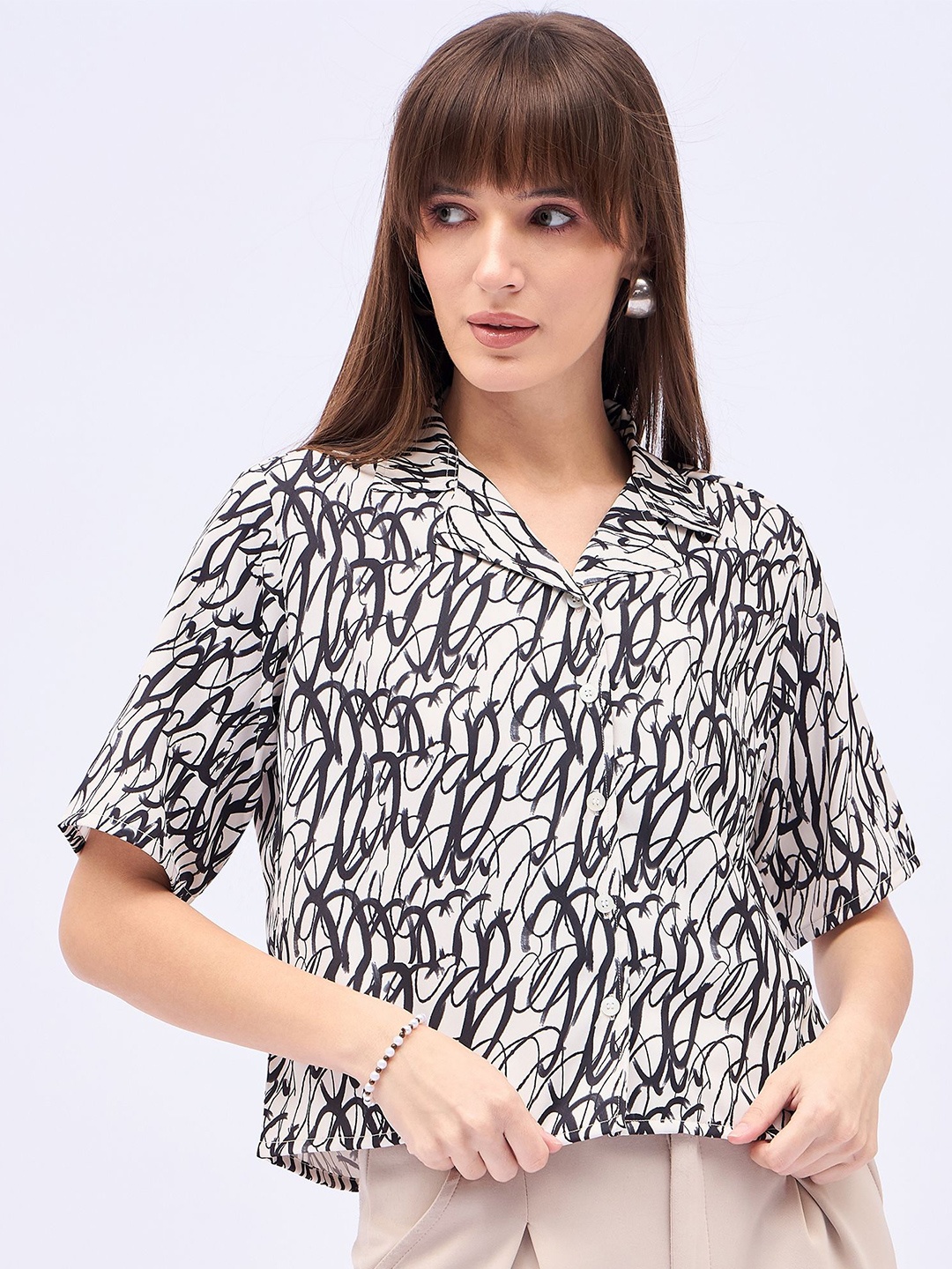 

DressBerry Women Printed Shirt Style Top, Cream